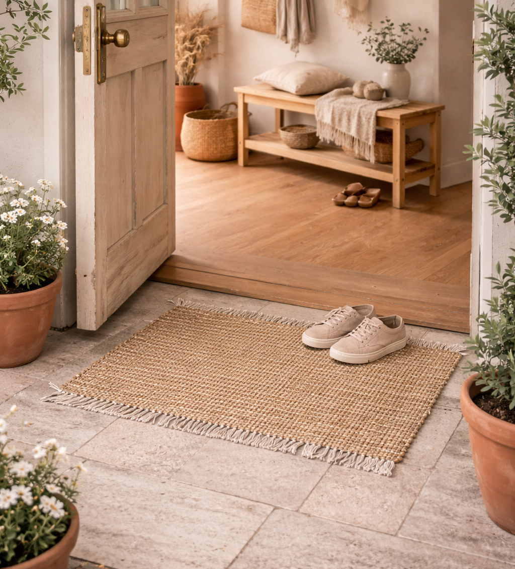 LAHTI – Prostokątny dywanik bawełniany z brązowymi i ecru wzorami, 90 x 50 cm