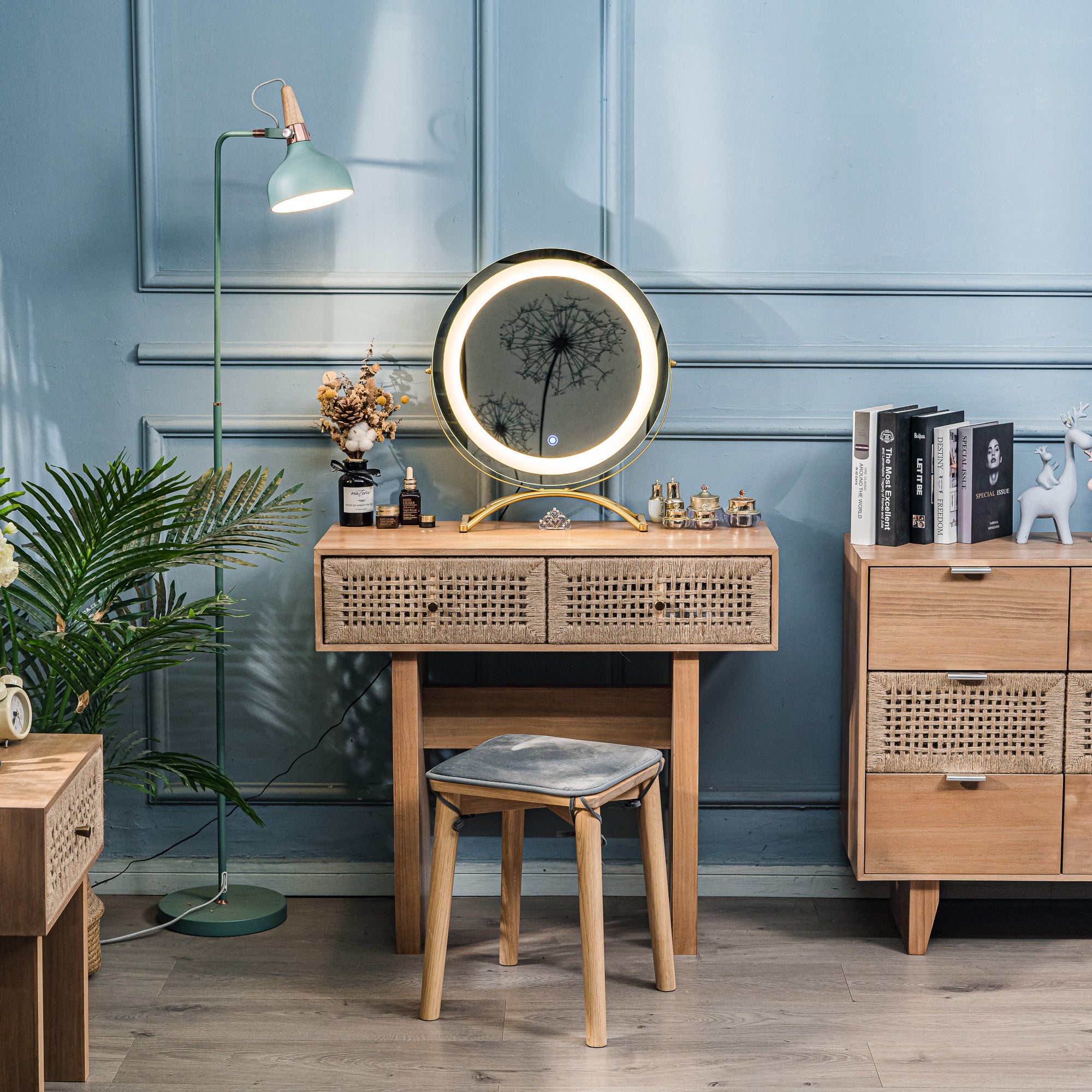 Konsola z 2 szufladami, wykonana z drewna i naturalnego sznurka