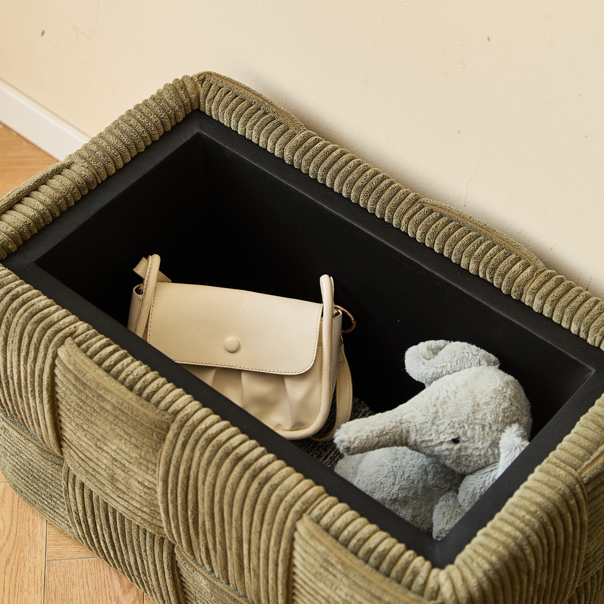 VANERN - Ławka z pojemnikiem w zielonym sztruksie