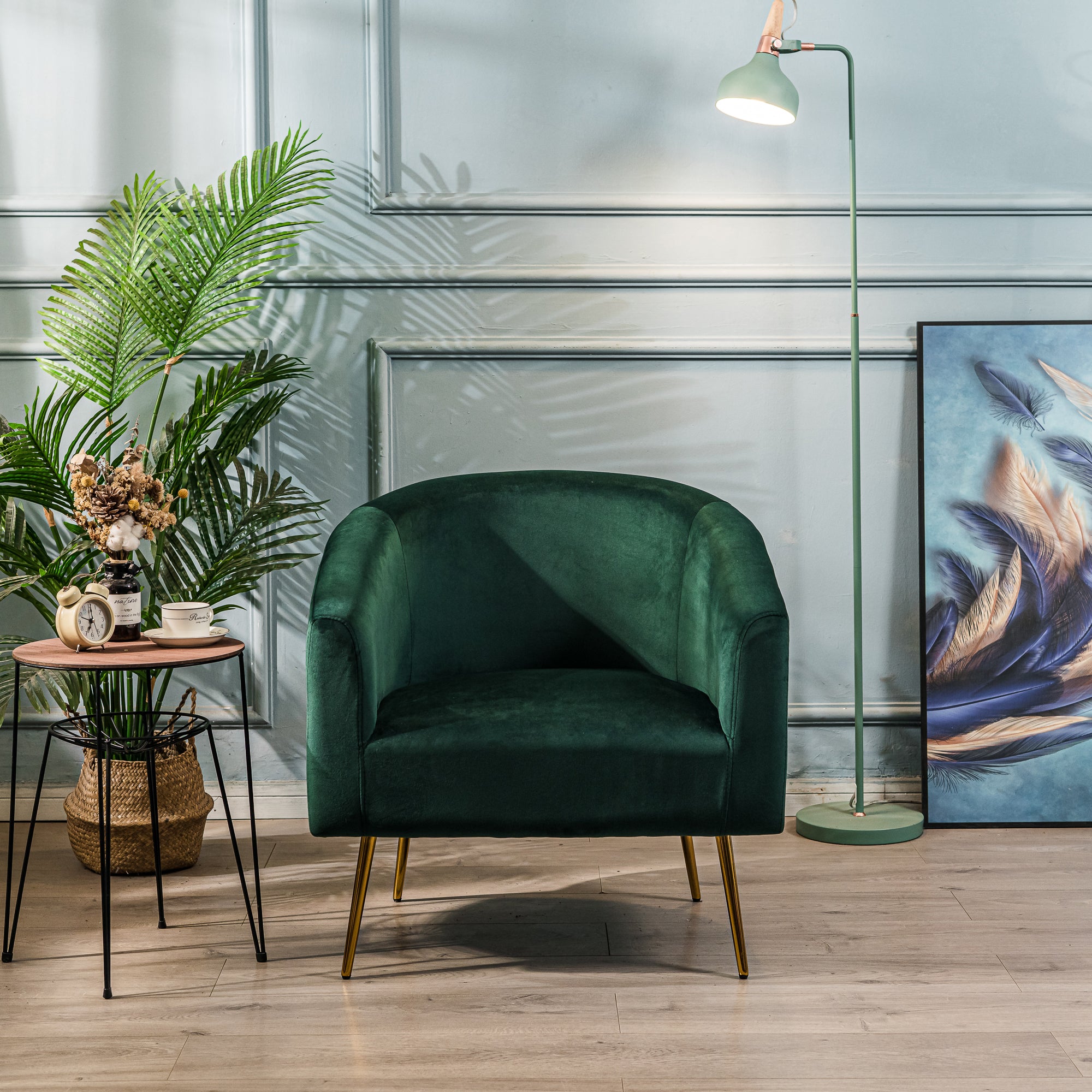 Fotel salonowy z metalu i zielonego aksamitu