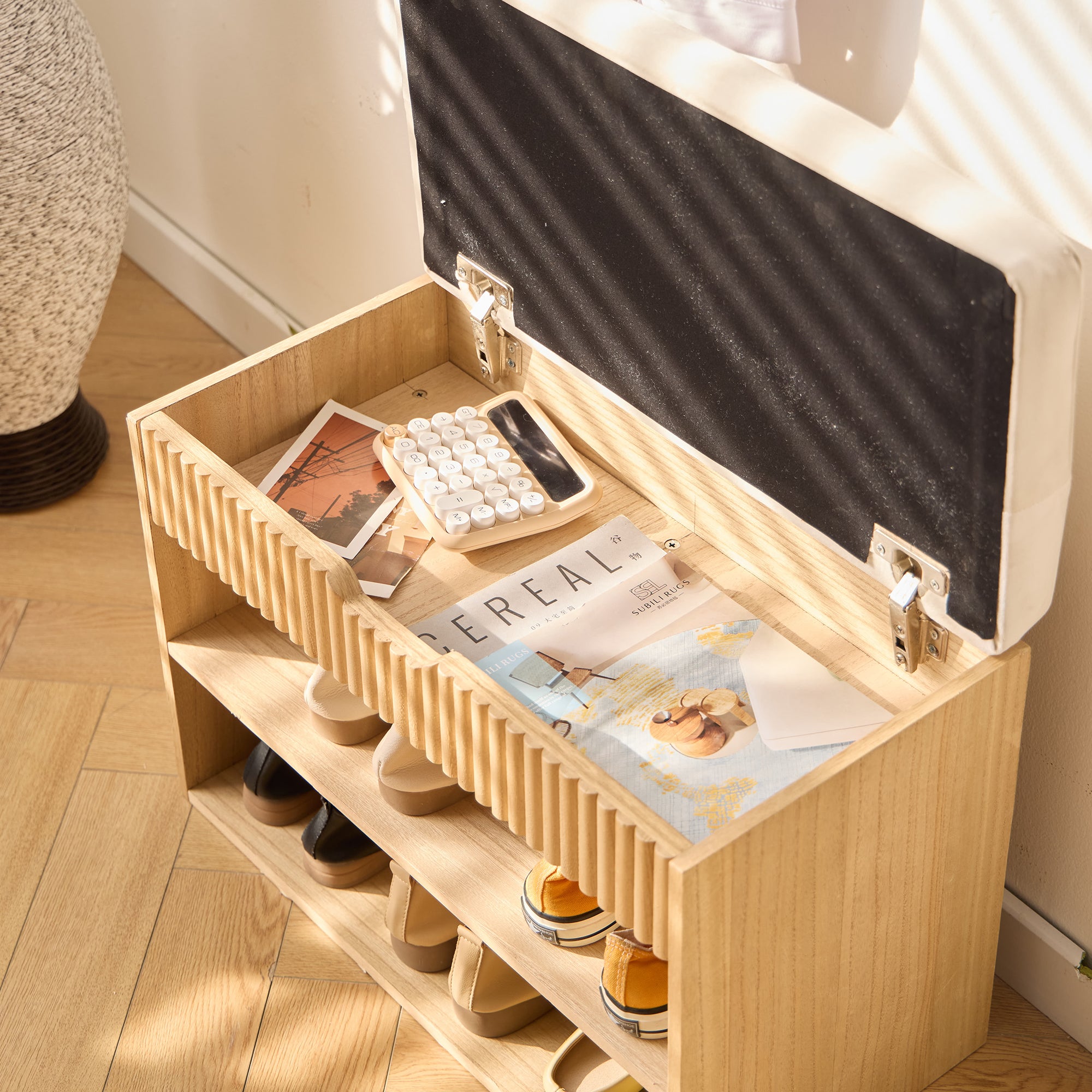 KUBO - Shoe Cabinet with Storage in Wood and Beige Velvet