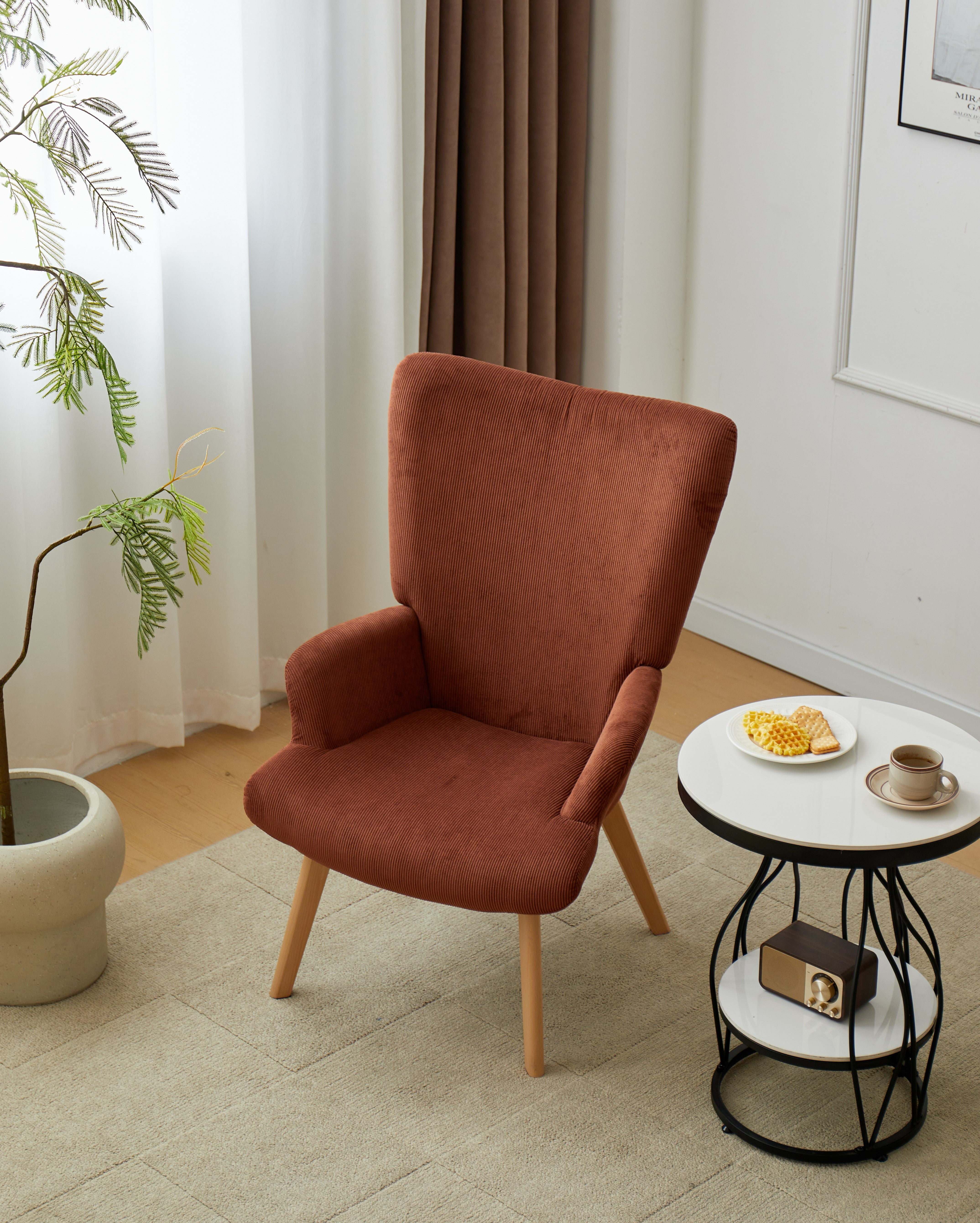 MALMO - Fauteuil de salon en bois massif et velours côtelé terracotta