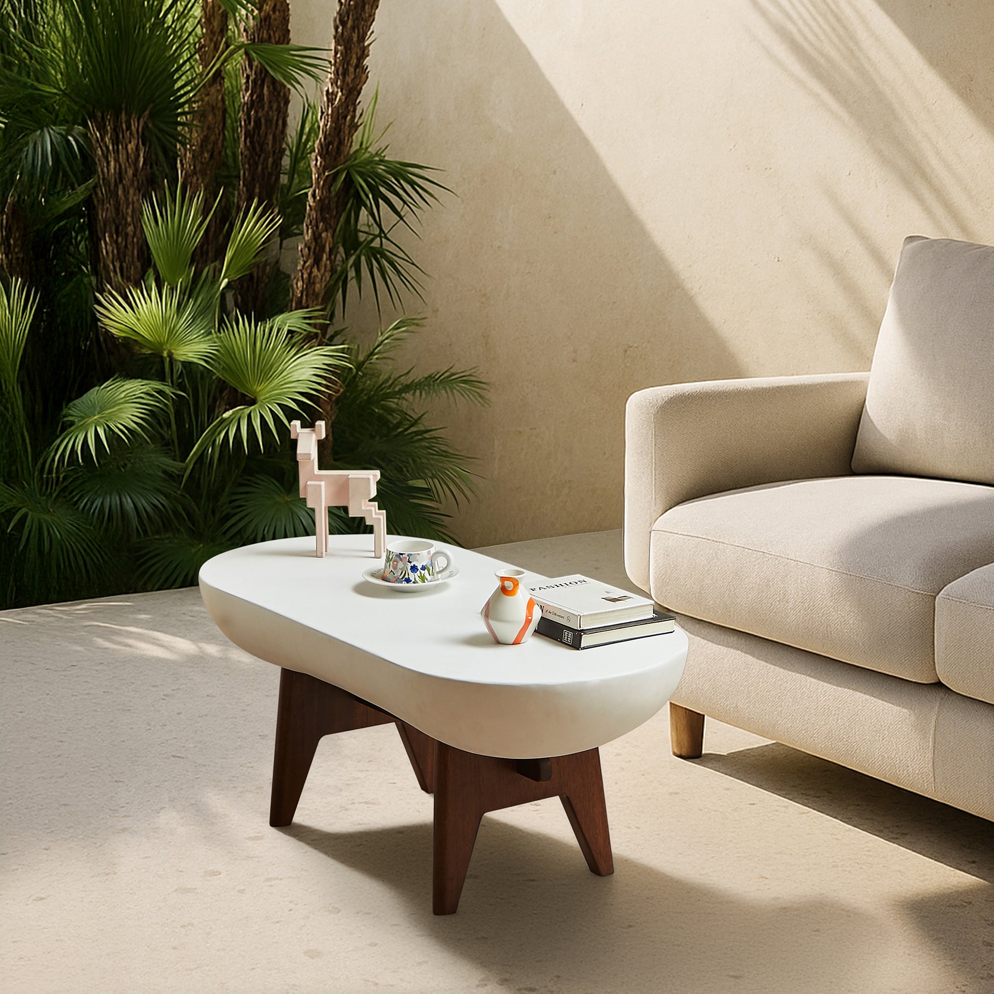 IRUNA – stolik kawowy do wnętrz i na zewnątrz, wykonany z drewna i białego magnezytu
