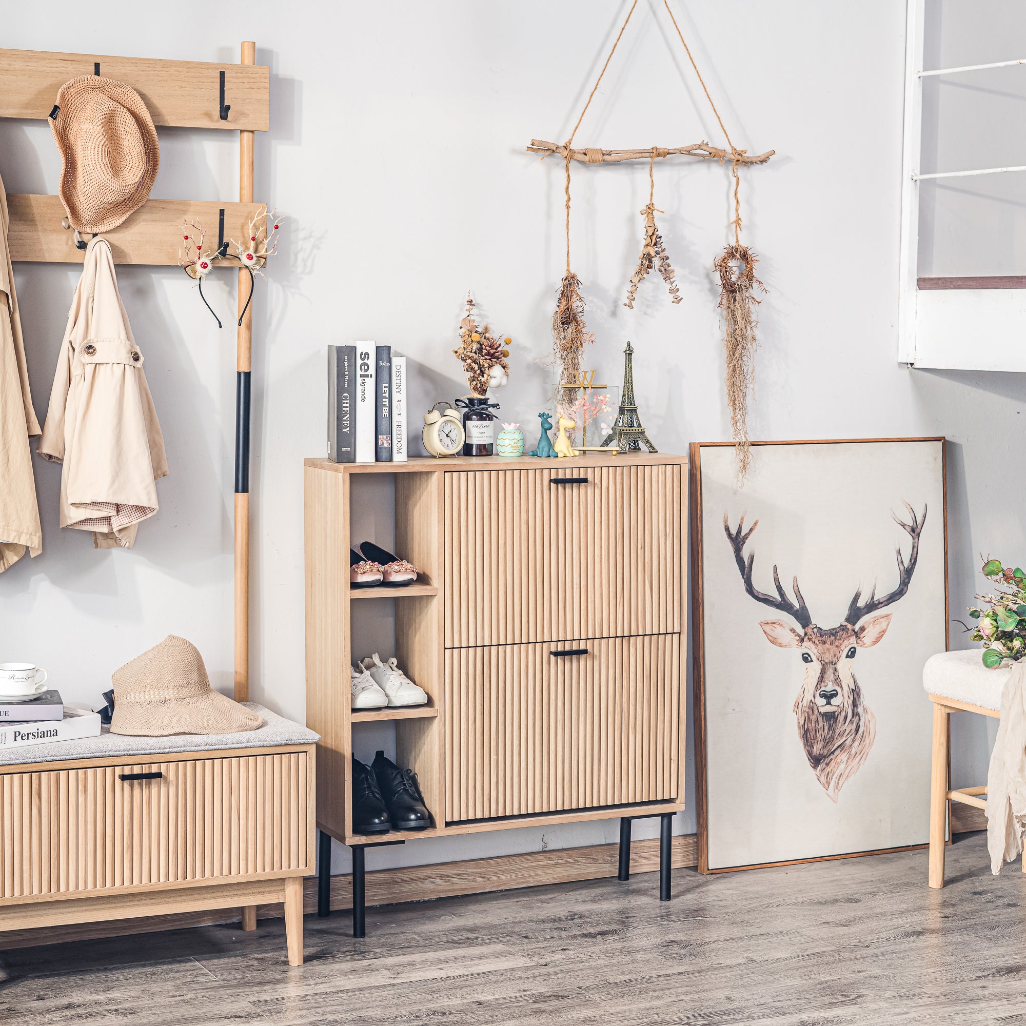 Szafka na buty z 2 szufladami, wykonana z drewna i metalu