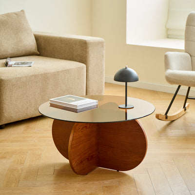 RAUMA - Table basse ronde en bois et verre trempé teinté foncé