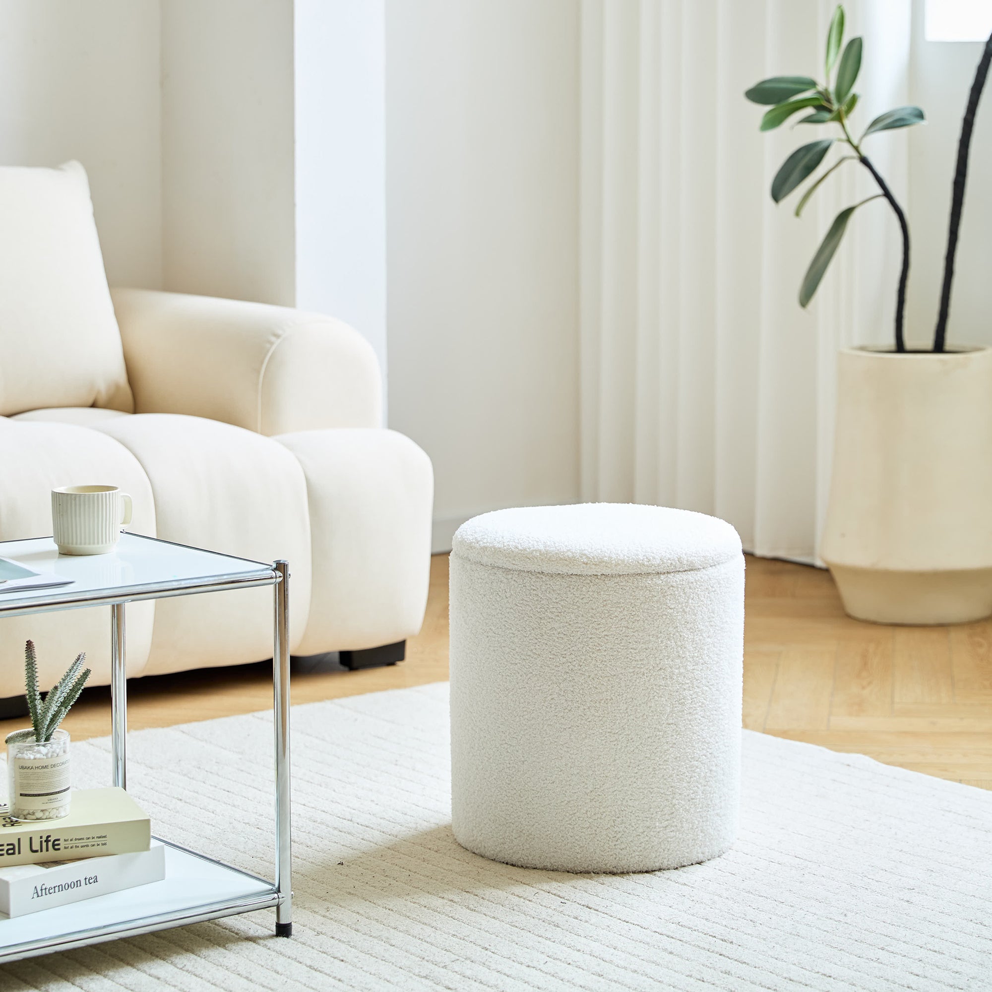 NARVIK – Zestaw 3 puf z drewnianym schowkiem i białymi pętelkami