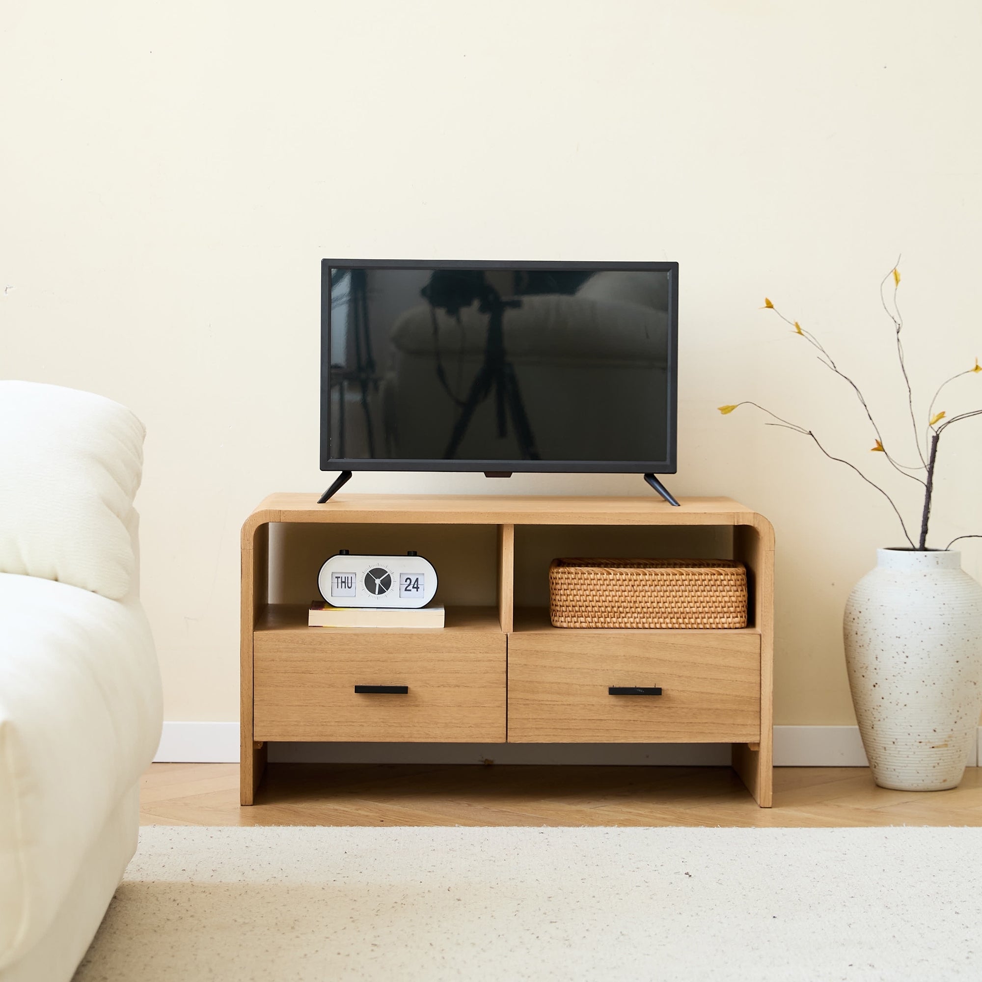 BASTAD - Drewniany mebel pod telewizor z 2 szufladami