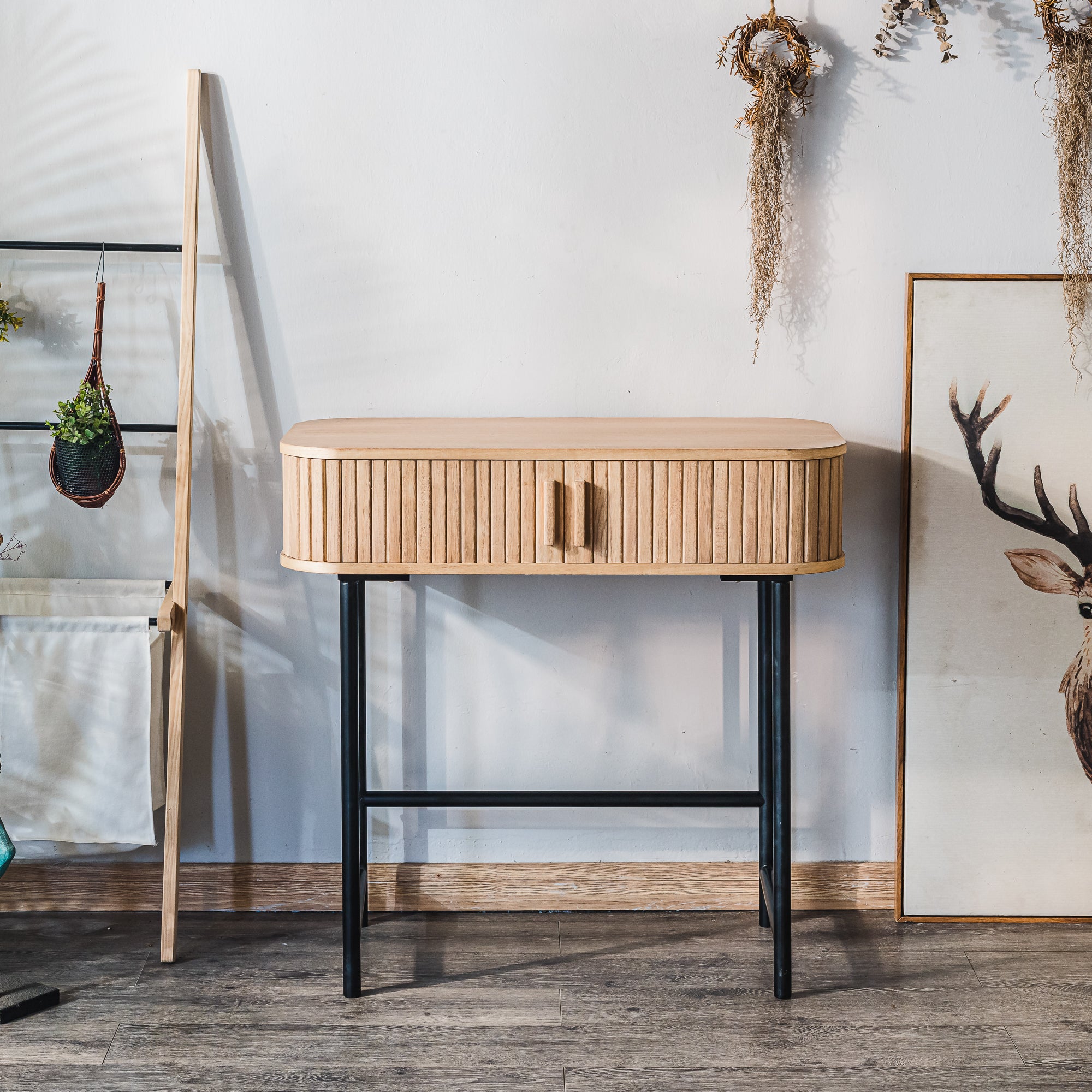 Konsola z 2 drzwiami z drewna jesionowego i metalu