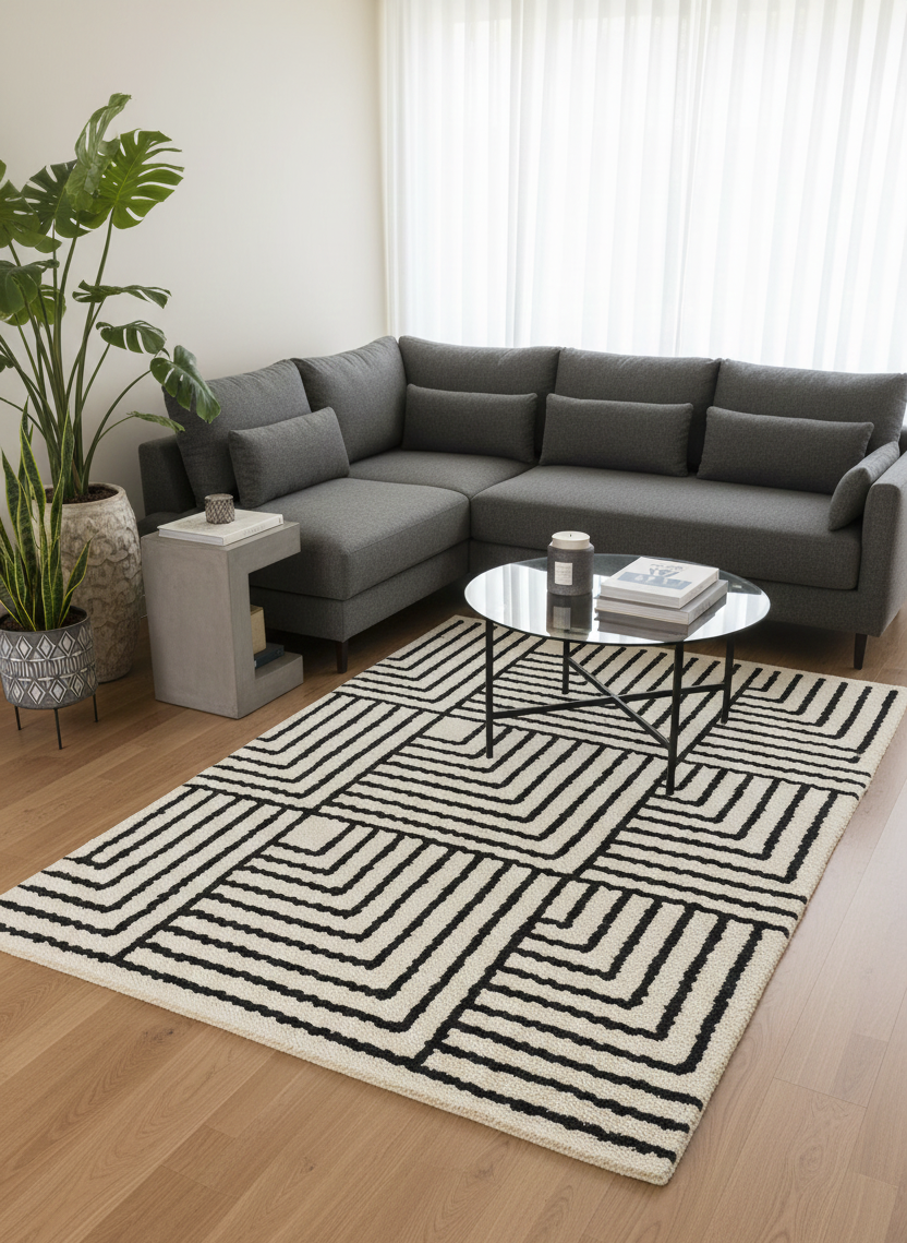 KEVO – prostokątny dywanik bawełniany z beżowymi i czarnymi wzorami, 120 x 180 cm