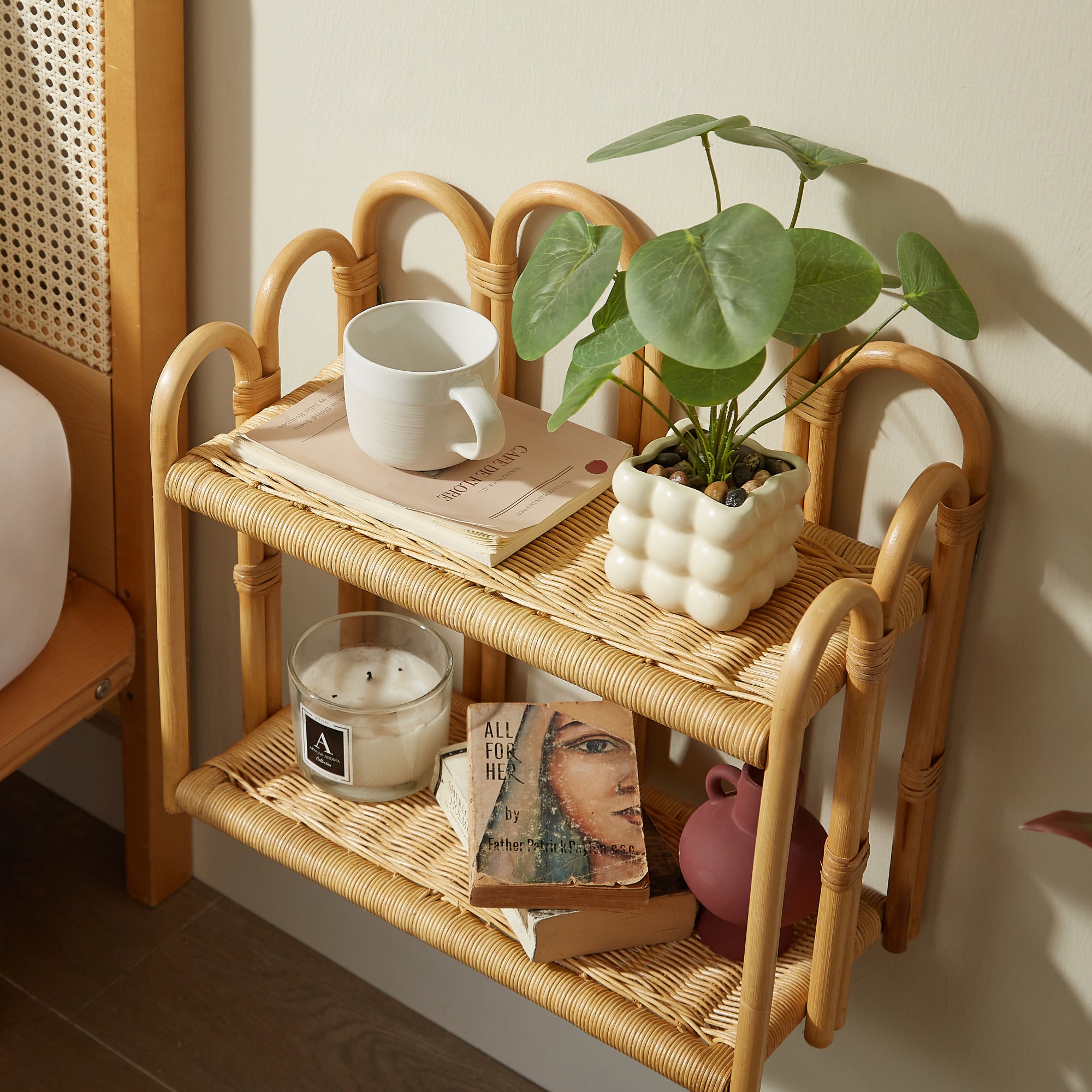 BELEM – Dwupoziomowa półka wisząca na ścianę z naturalnego rattanu