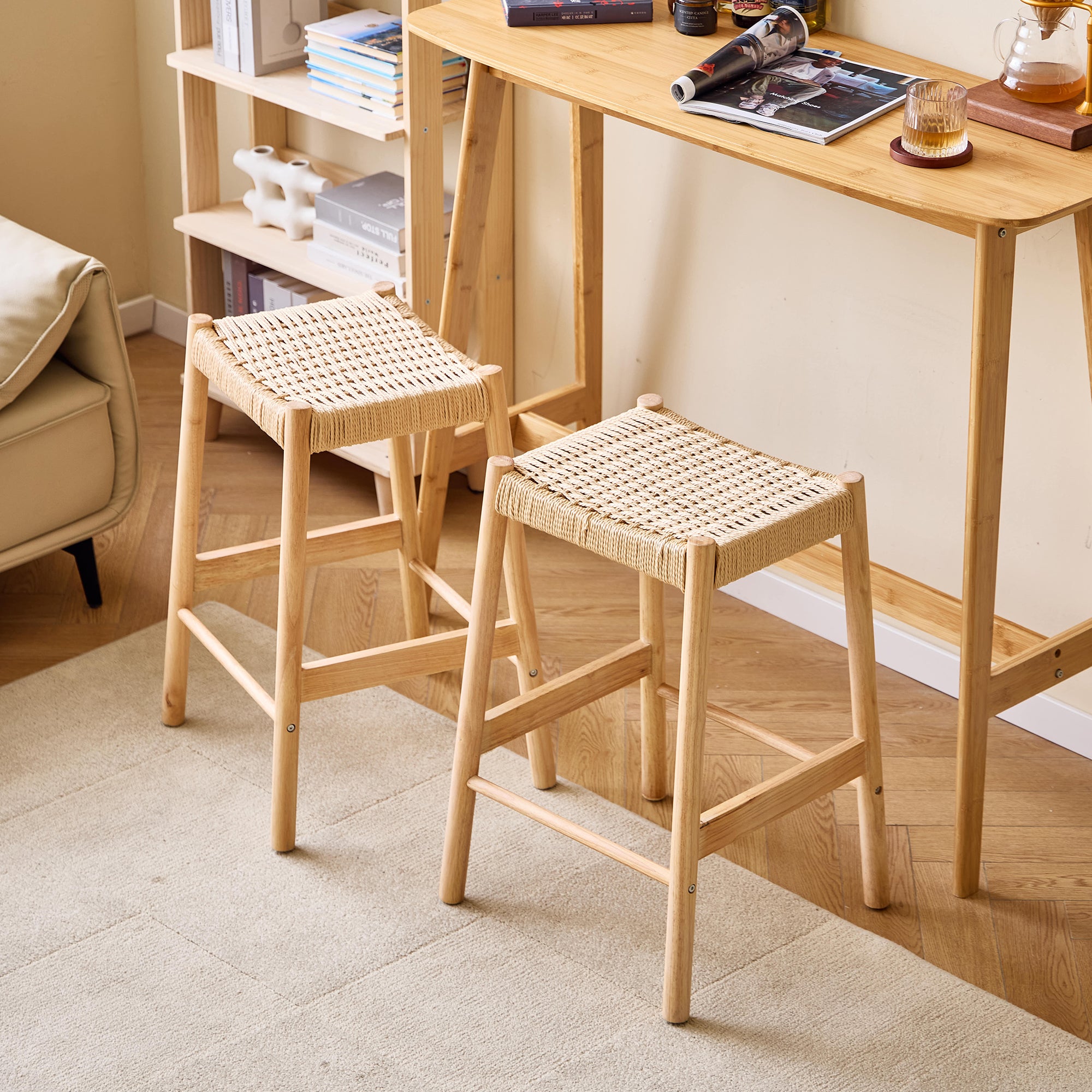 SALTA - Zestaw 2 stołków barowych z litego drewna i liny