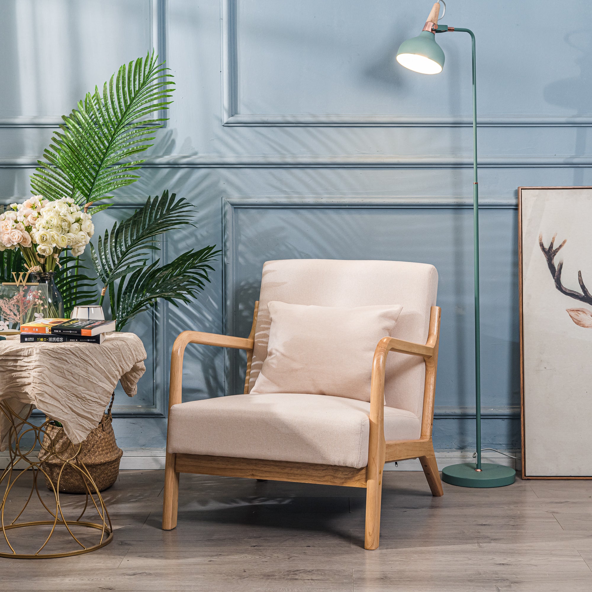 OHAMA - Solid Wood and Beige Fabric Lounge Chair