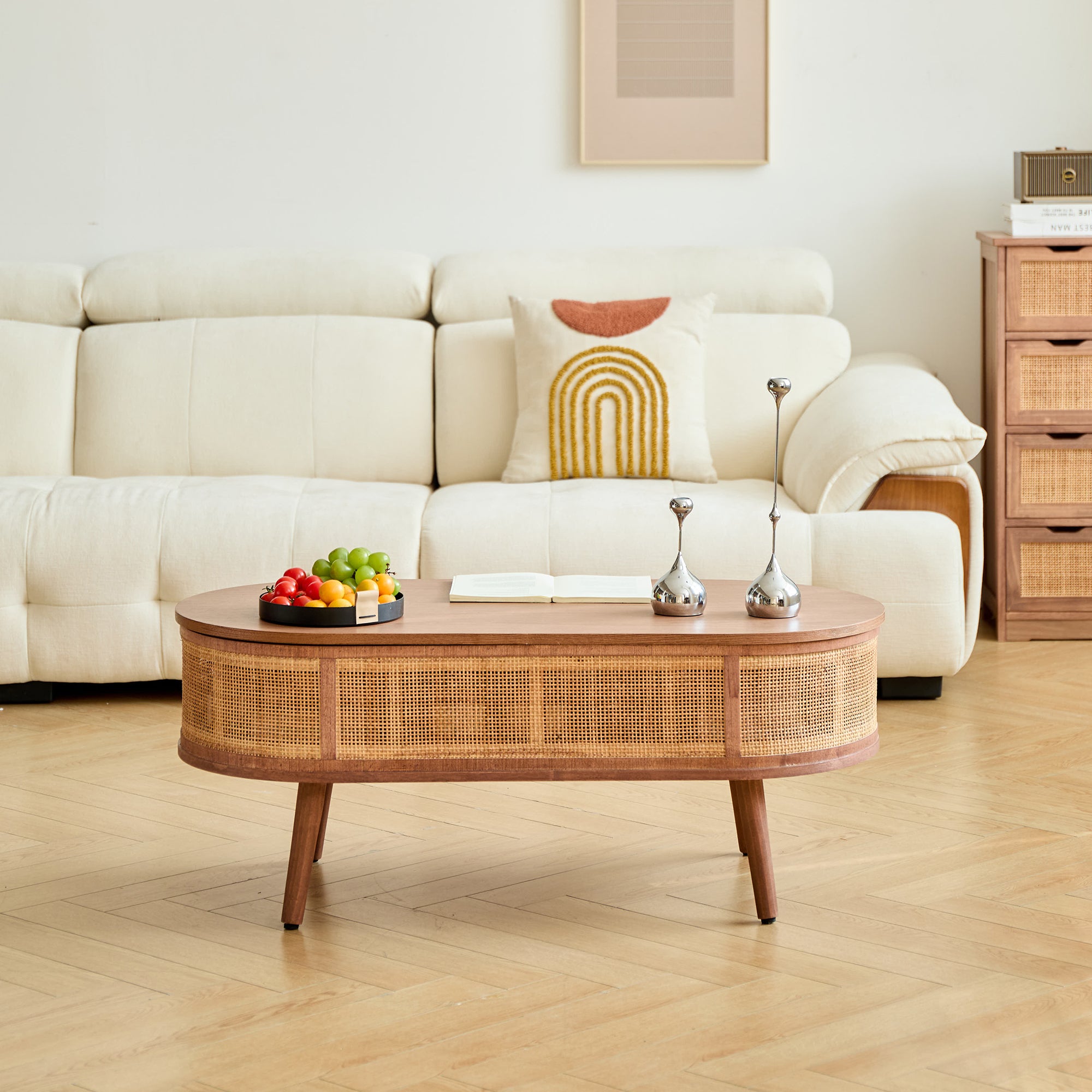 LOTTA – stolik kawowy z drewna orzechowego i rattanowego z schowkiem