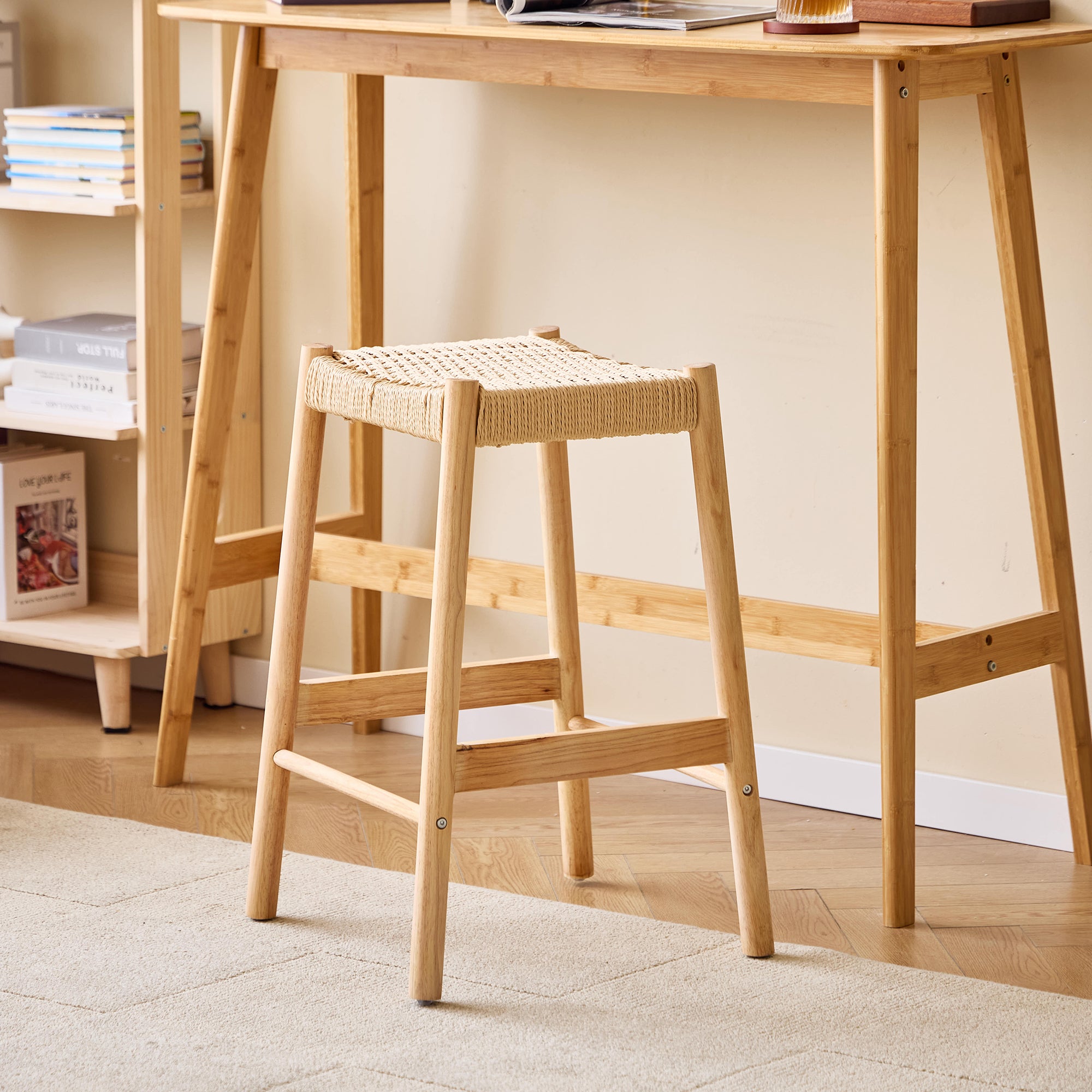 SALTA - Zestaw 2 stołków barowych z litego drewna i liny