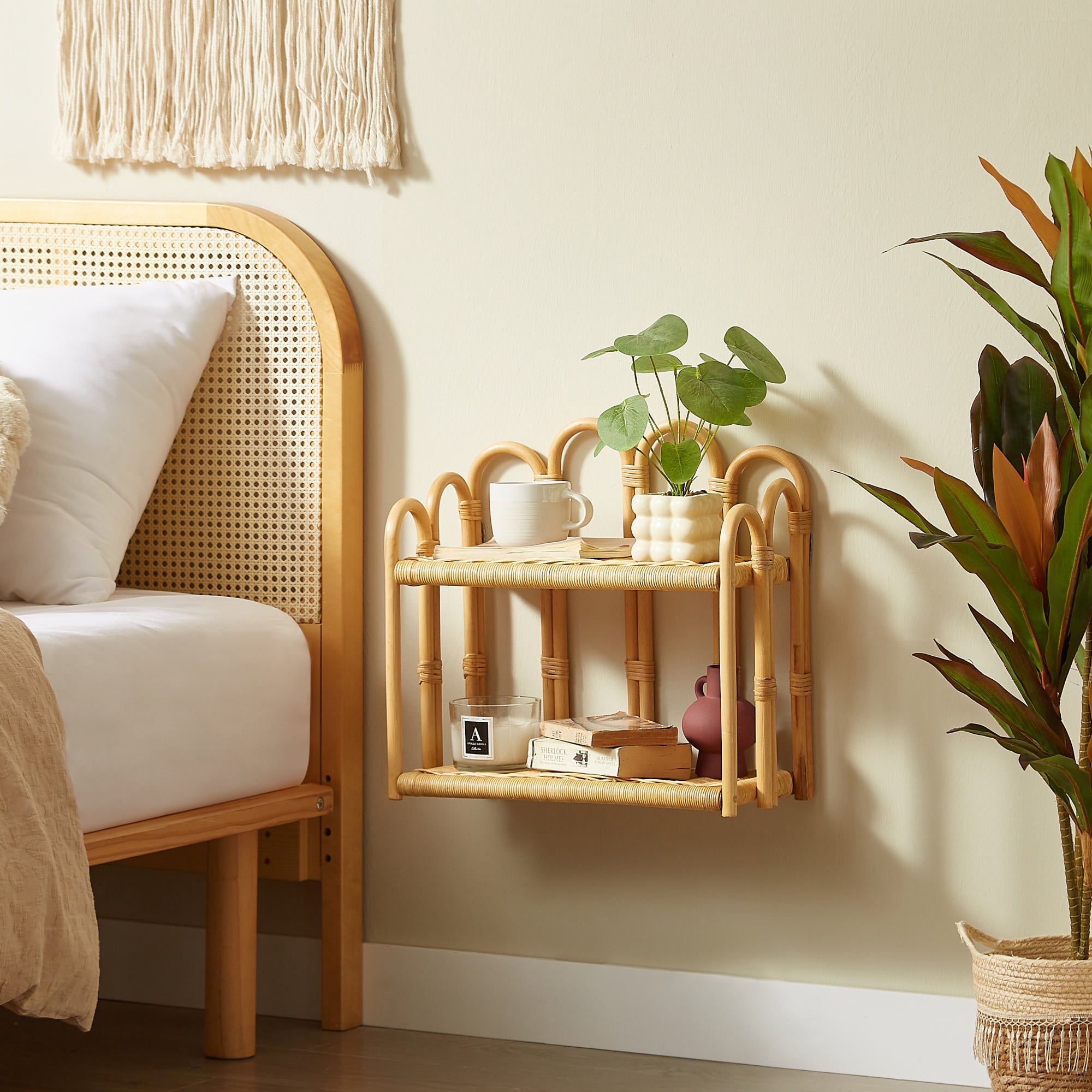 BELEM – Dwupoziomowa półka wisząca na ścianę z naturalnego rattanu