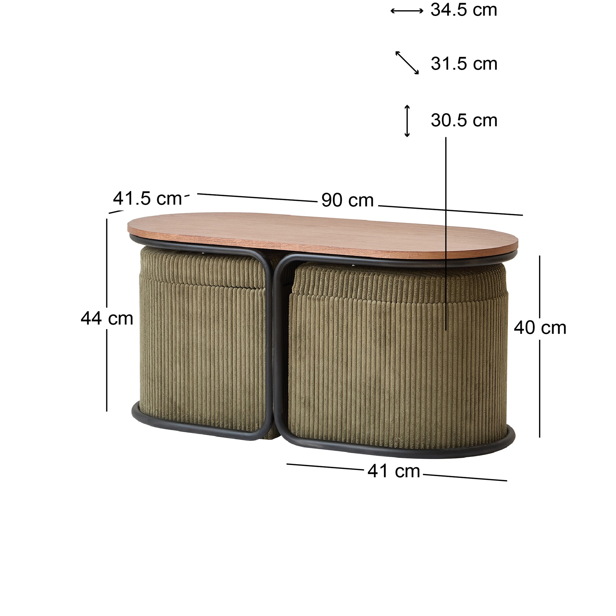SENJA – Zestaw składający się z drewnianego stolika kawowego i 2 pufów z zielonego sztruksu