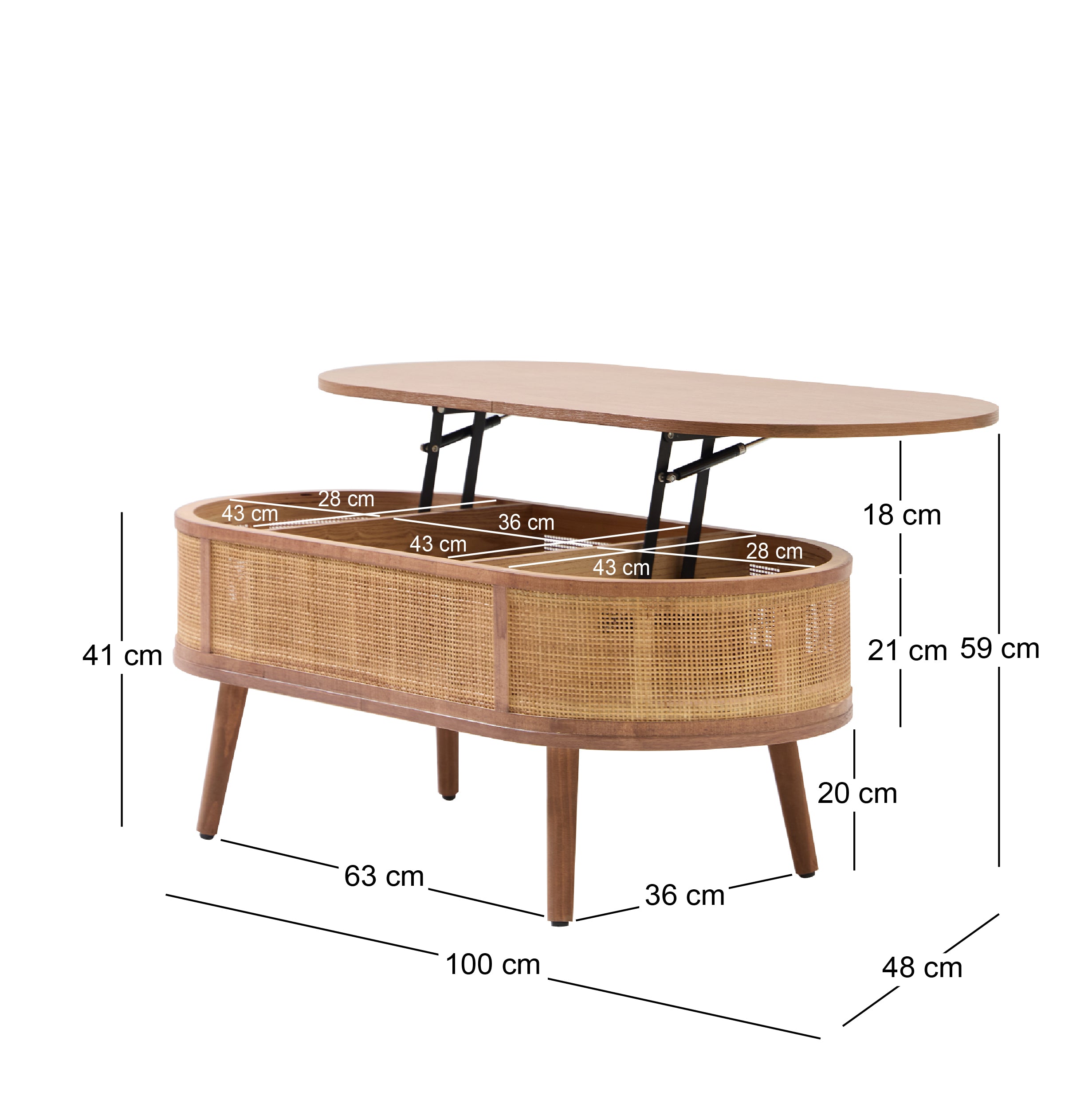 LOTTA – stolik kawowy z drewna orzechowego i rattanowego z schowkiem