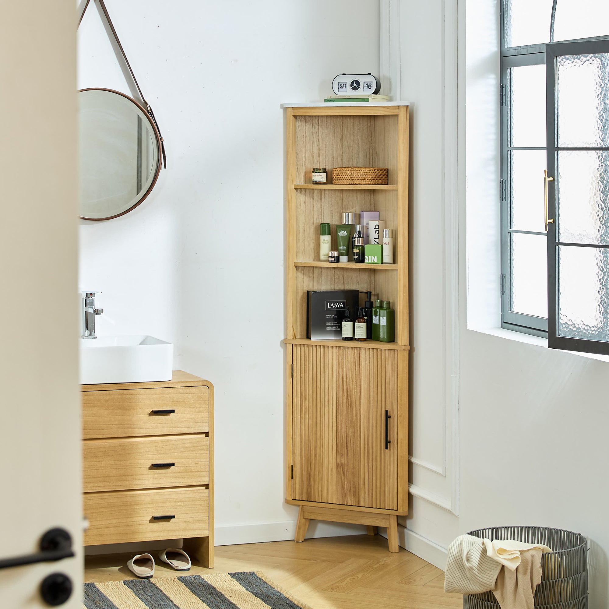 TALIABU - Narożna szafka z 1 drzwiami i 3 drewnianymi półkami