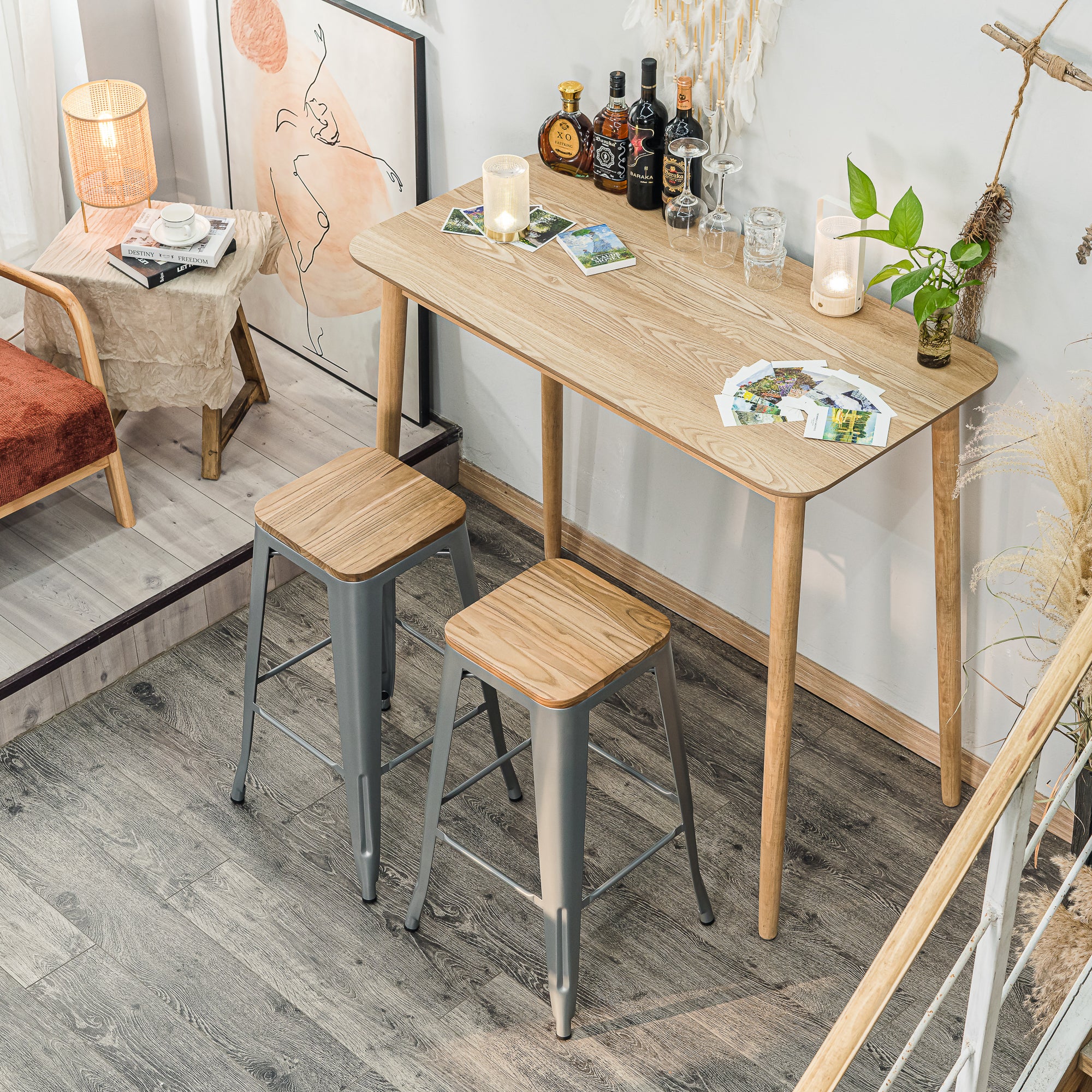 NASH – Zestaw 4 stołków barowych z metalu i drewna w kolorze szarym