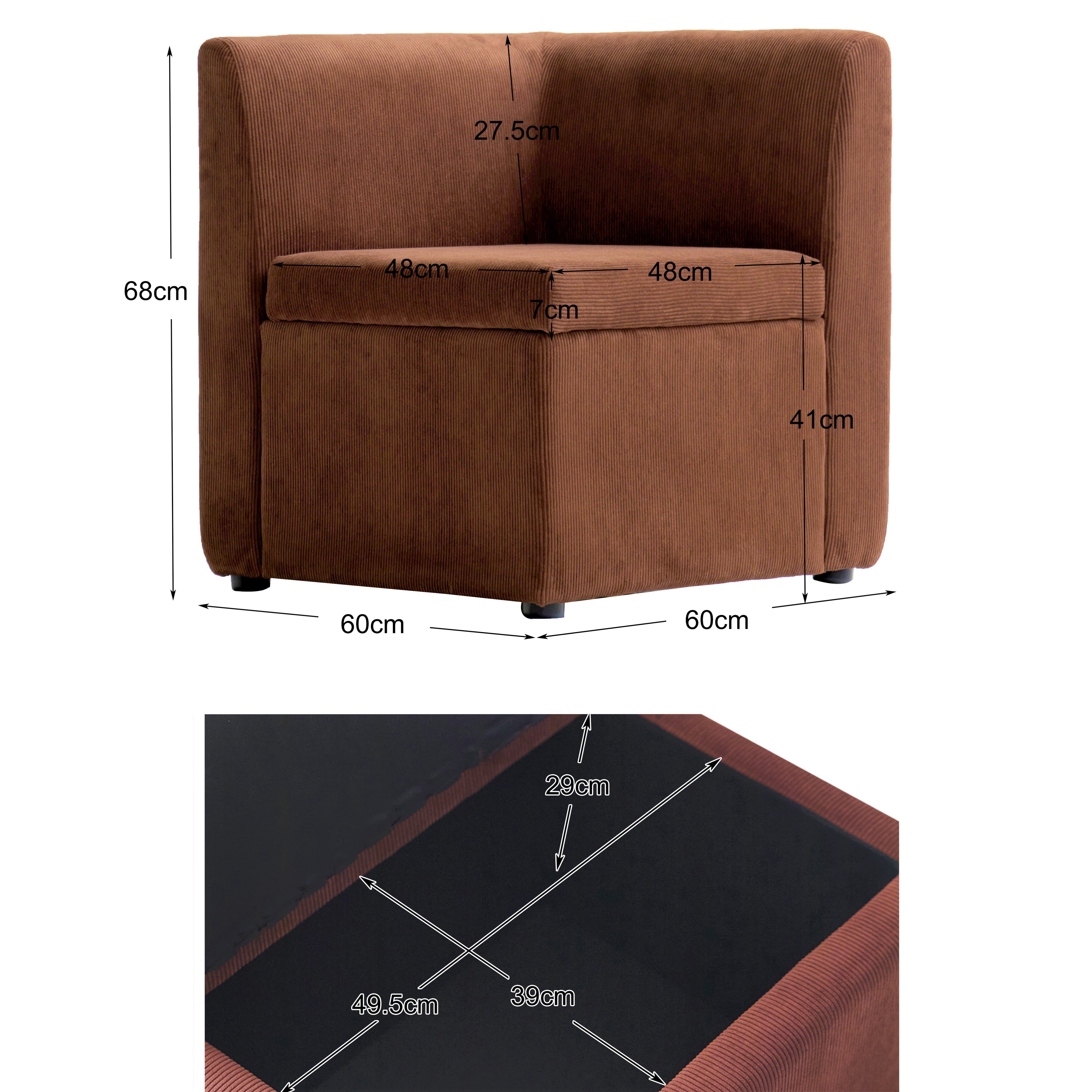 VARDE - Canapé d'angle modulable 1 personne en velours côtelé terracotta