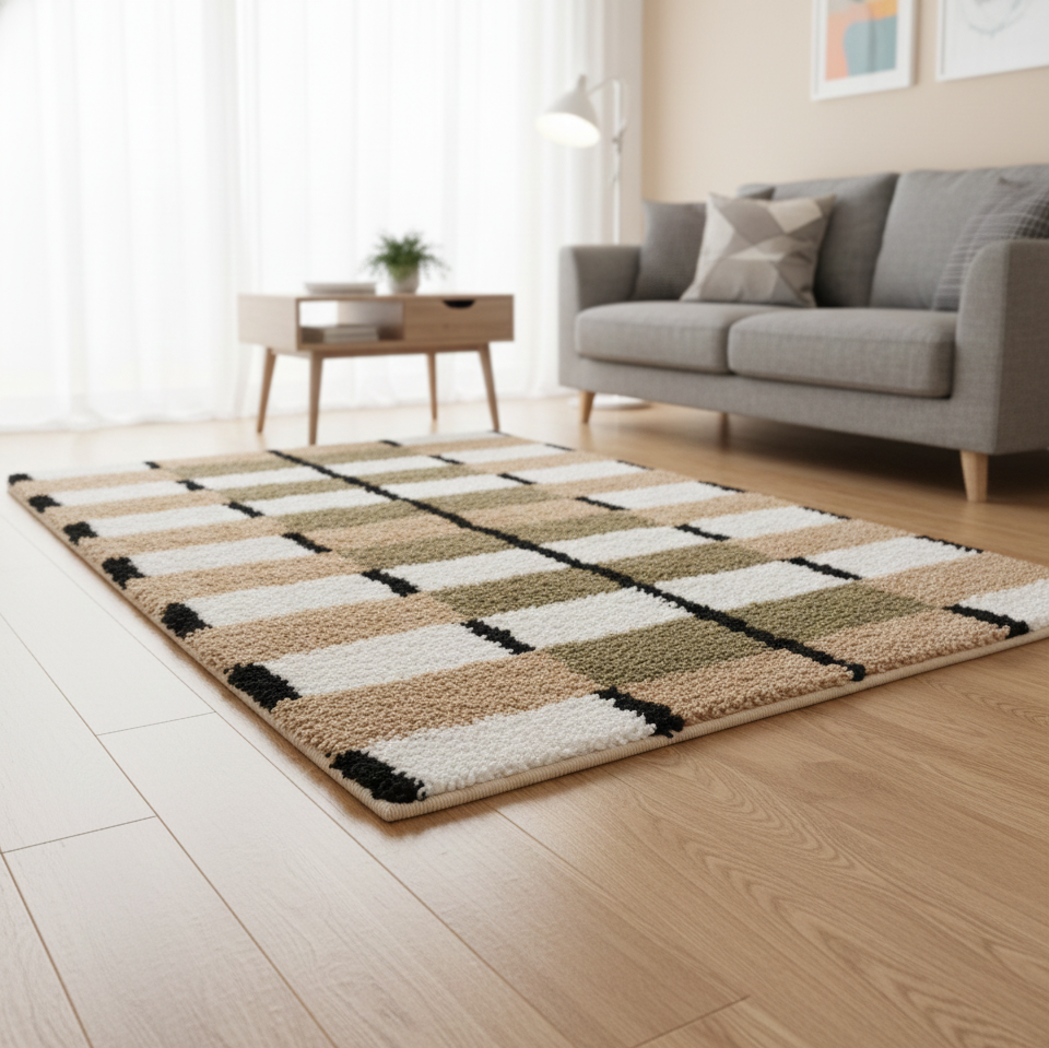 VAXJO – prostokątny dywanik bawełniany z brązowymi i ecru wzorami, 120 x 180 cm