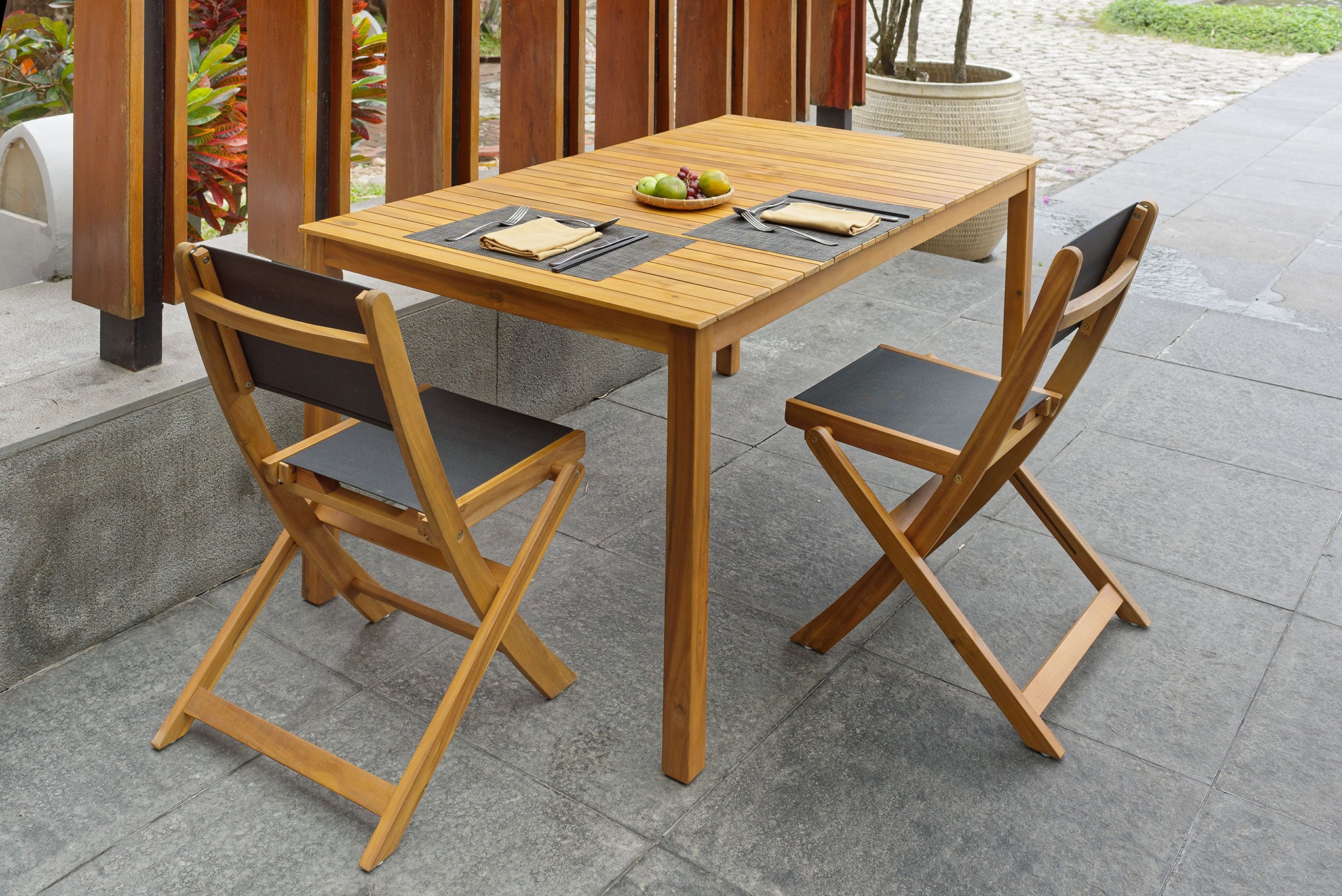 Zestaw 2 krzeseł ogrodowych z akacji i tekstylenu