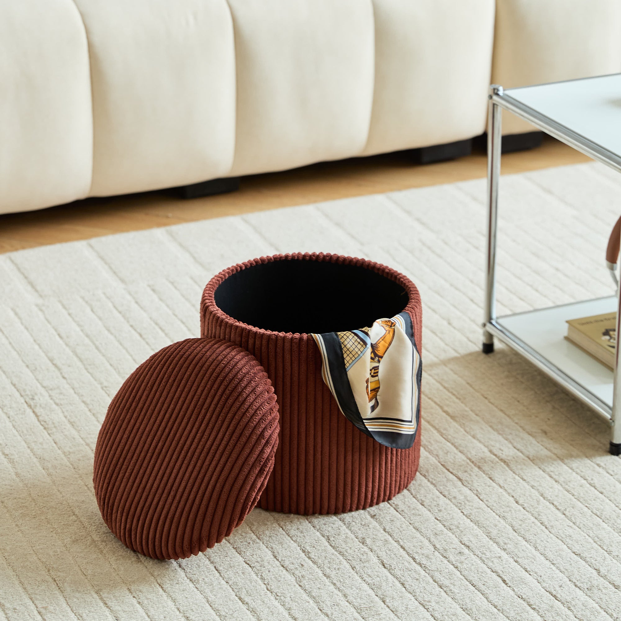 NARVIK – Zestaw 3 puf funkcją przechowywania, wykonanych z drewna i sztruksu w kolorze terakoty