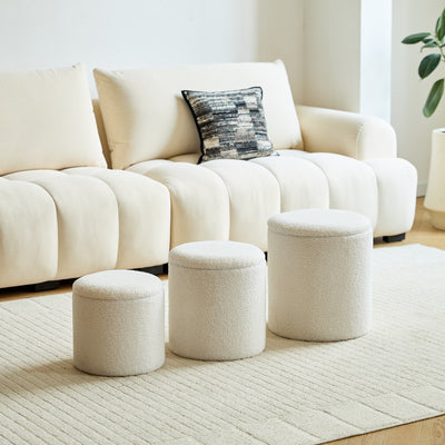 NARVIK - Set di 3 pouf contenitore in legno e bouclé bianco
