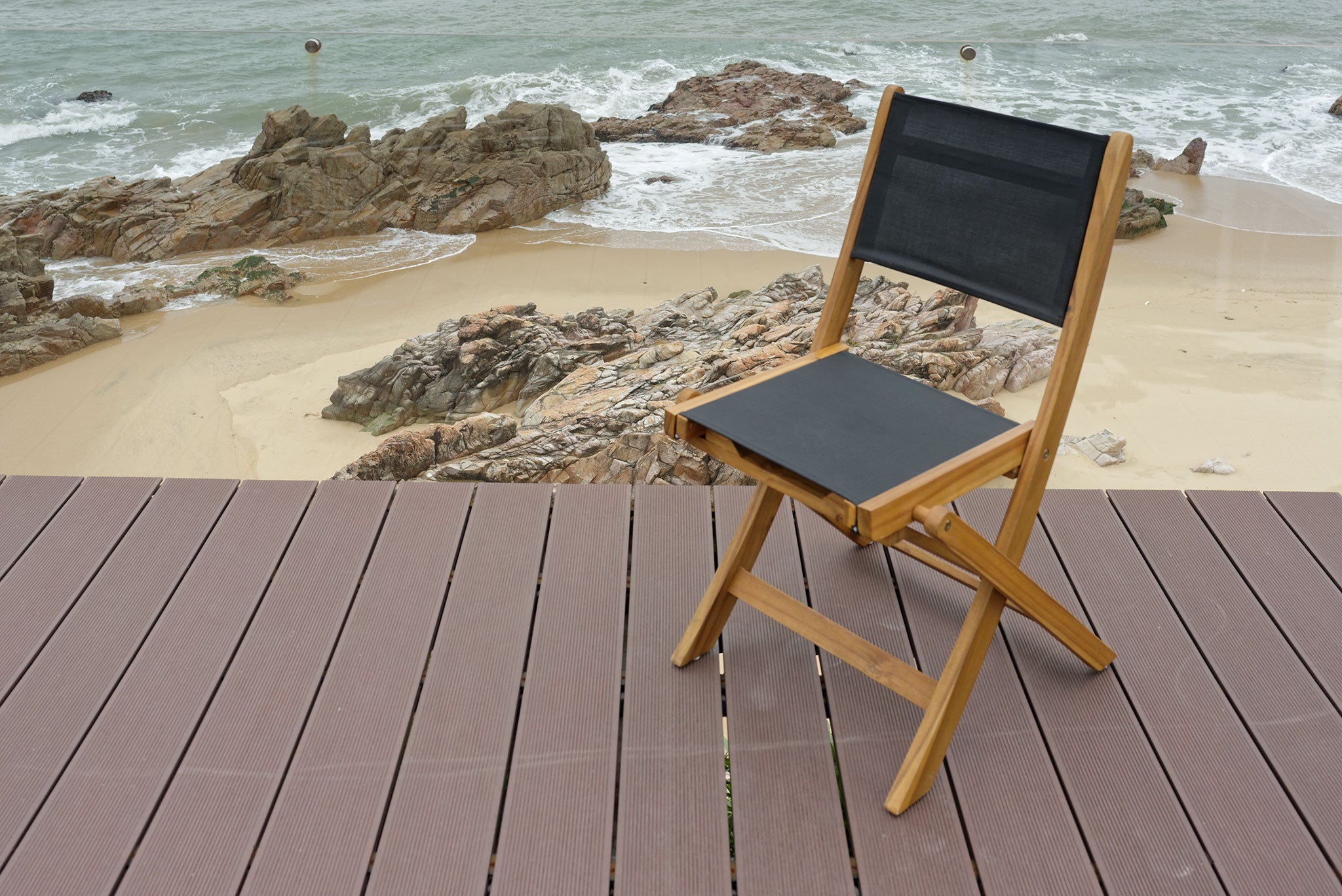 Zestaw 2 krzeseł ogrodowych z akacji i tekstylenu