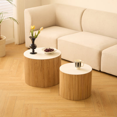 YATOMI - Set di 2 tavolini rotondi in legno massello con vano contenitore