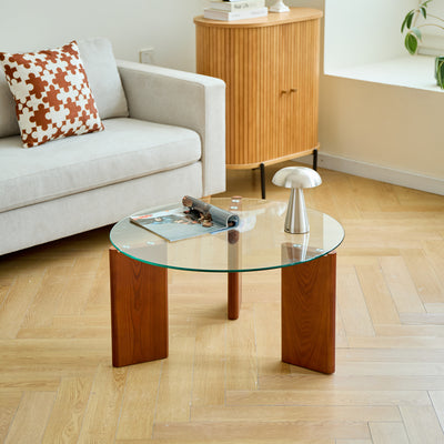SALO - Table basse ronde en bois et verre trempé teinté clair