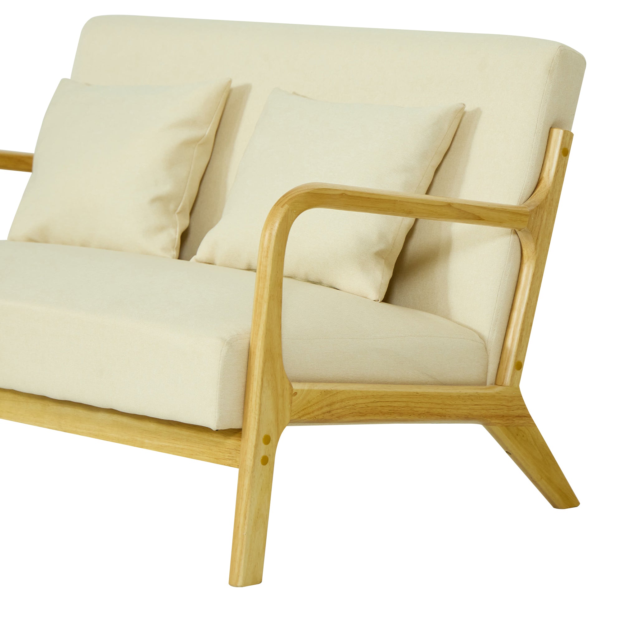 OHAMA – Skandynawska ławka 2-osobowa z drewna i beżowej tkaniny