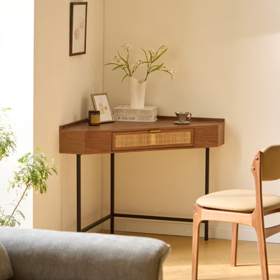 SETO - Scrivania angolare in legno di noce e rattan con 1 cassetto