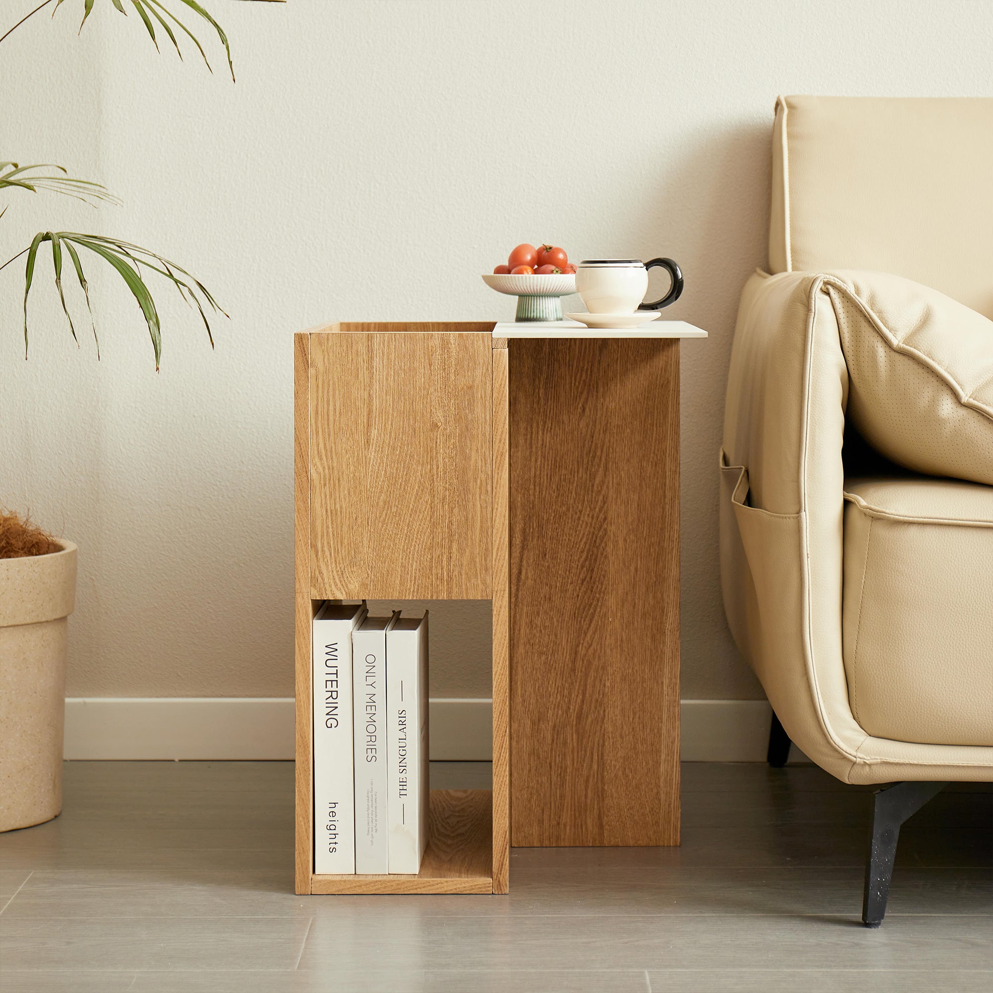 KARLSTAD – stolik pomocniczy do kanapy z drewnianym schowkiem