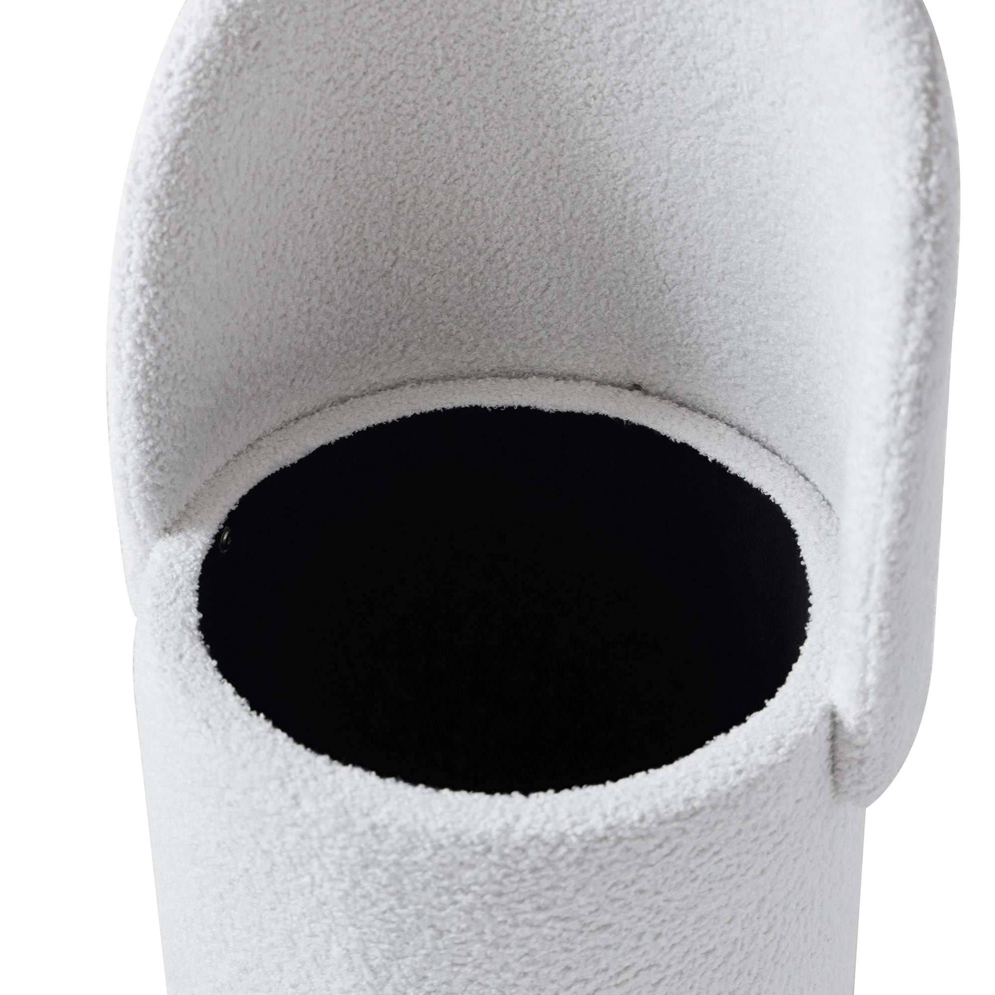 UMEA – pufa z oparciem i schowkiem, pokryta białym tkanina bouclé