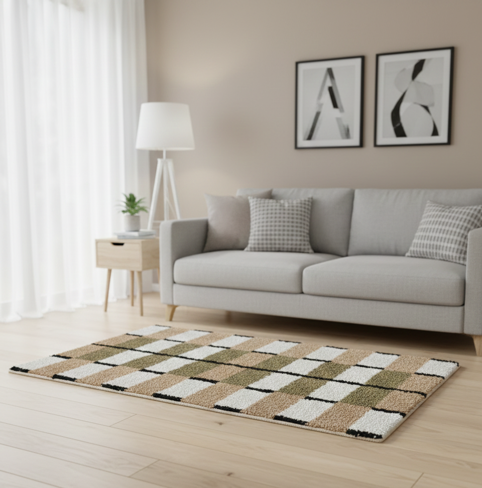 VAXJO – prostokątny dywanik bawełniany z brązowymi i ecru wzorami, 120 x 180 cm