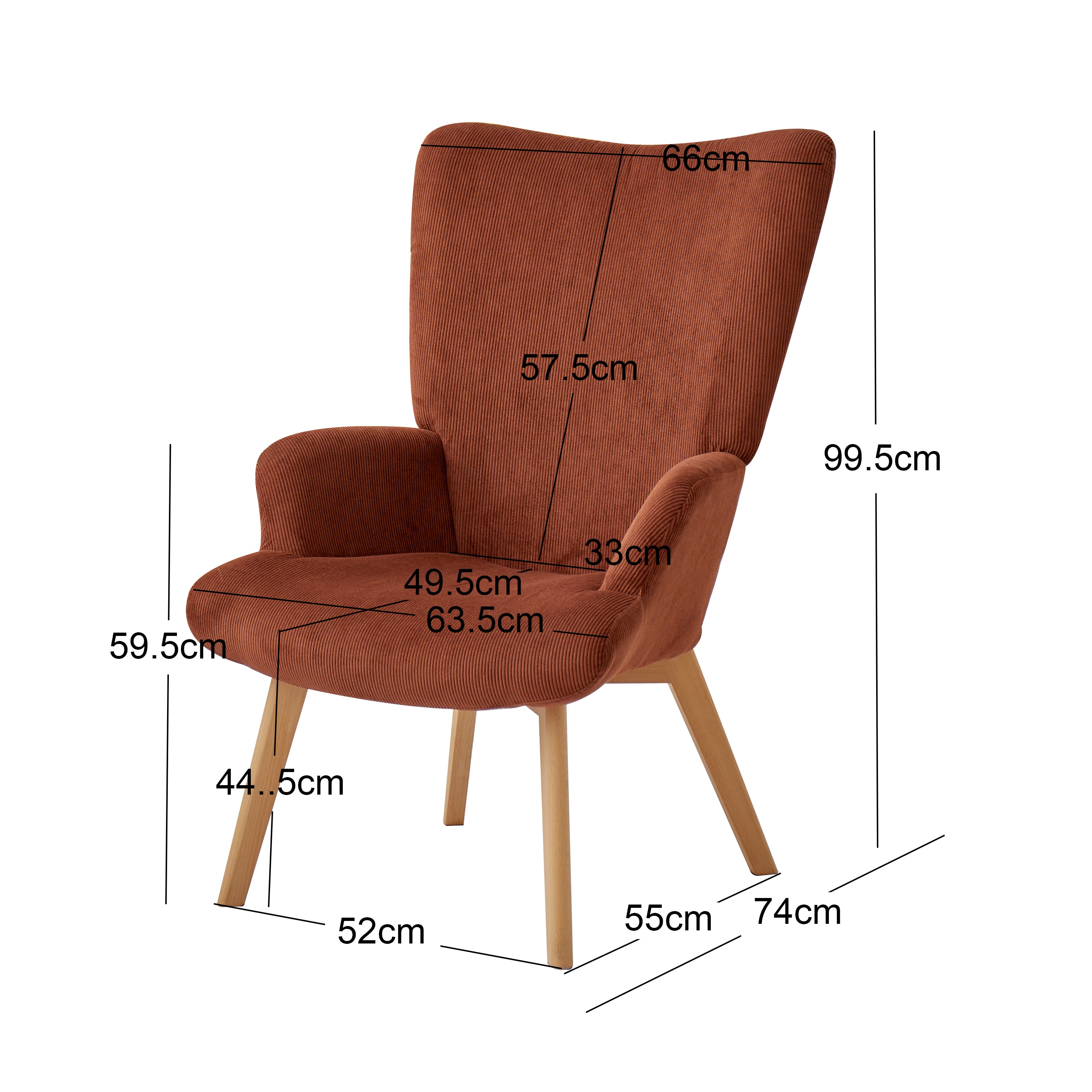 MALMO - Fauteuil de salon en bois massif et velours côtelé terracotta