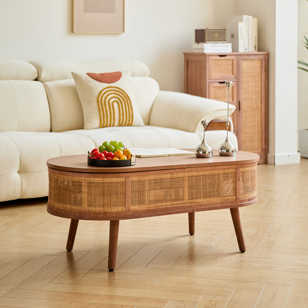 LOTTA - Table basse en bois de noyer et rotin avec rangement