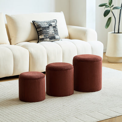 NARVIK - Set di 3 pouf contenitori in legno e velluto a coste color terracotta
