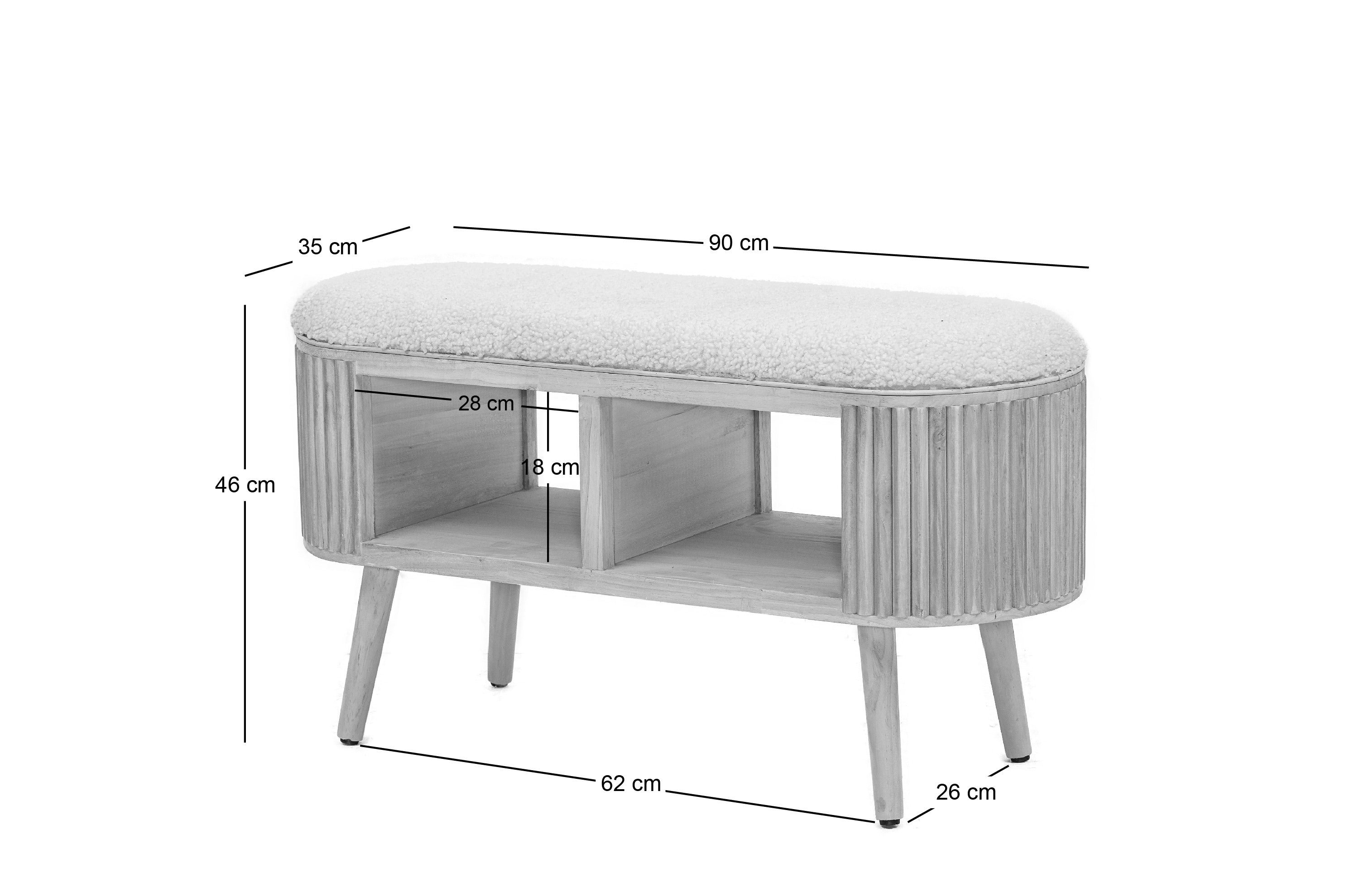 Ławka funkcją przechowywania, wykonana z rattanu i białych pętelek