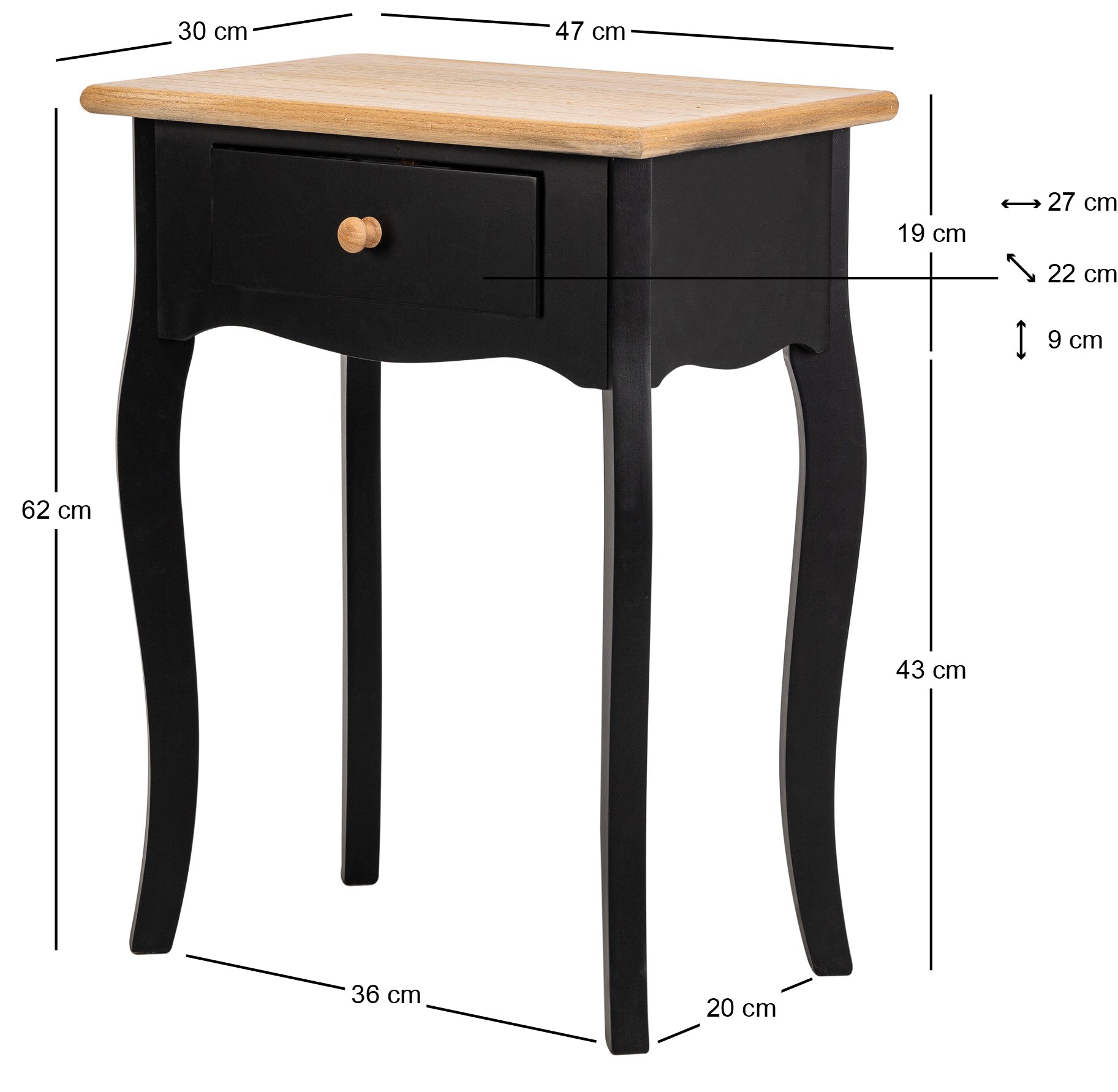 Szafka nocna z 1 szufladą, czarna drewniana