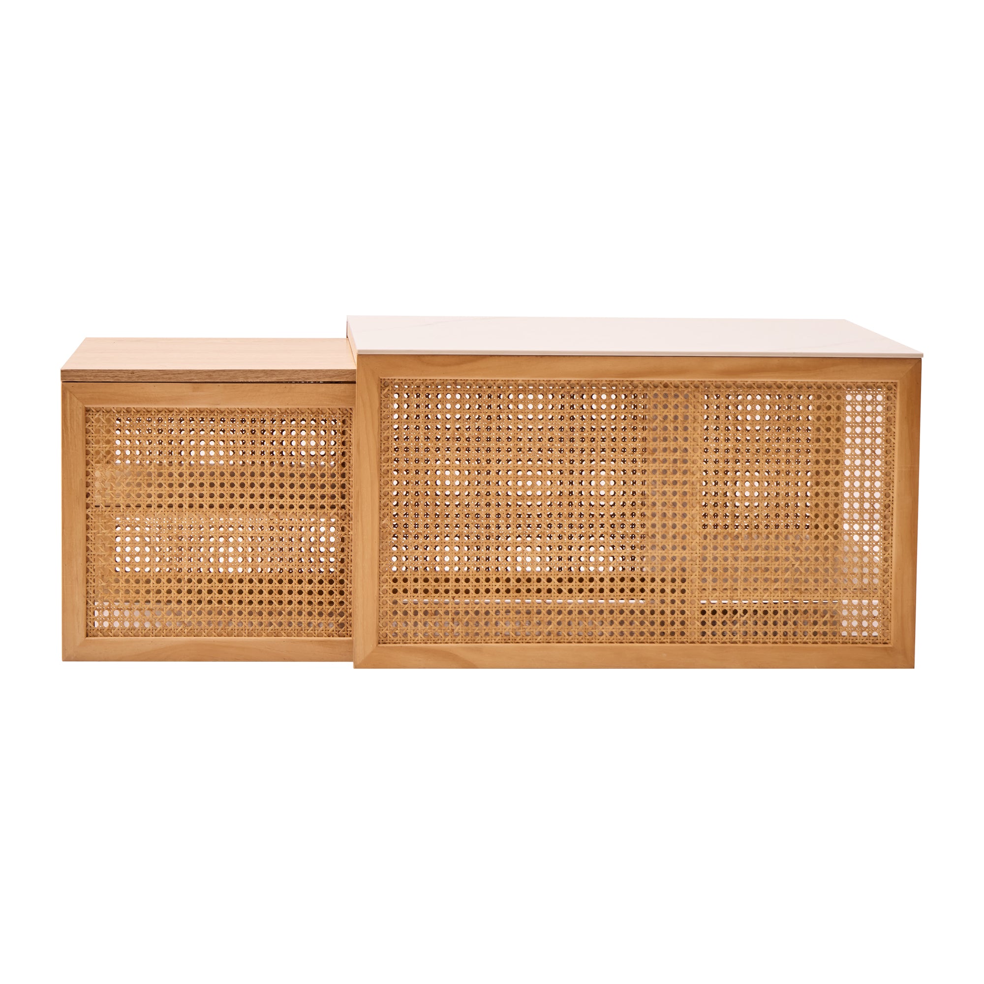 TROMSO – Zestaw 2 stolików kawowych z rattanu i blatem imitującym marmur