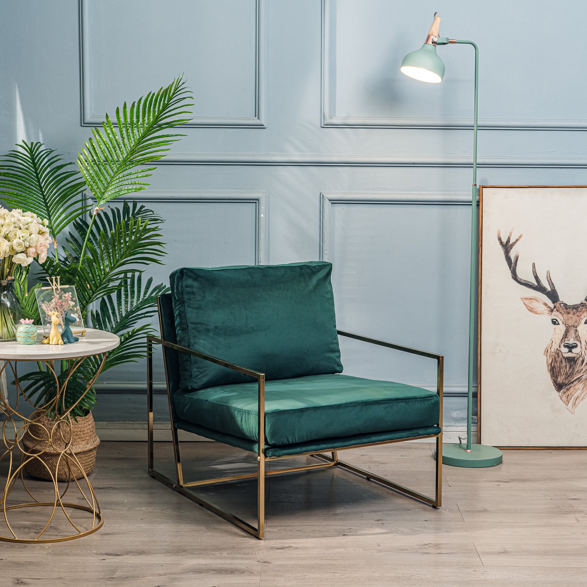 Fotel salonowy z metalu i zielonego aksamitu
