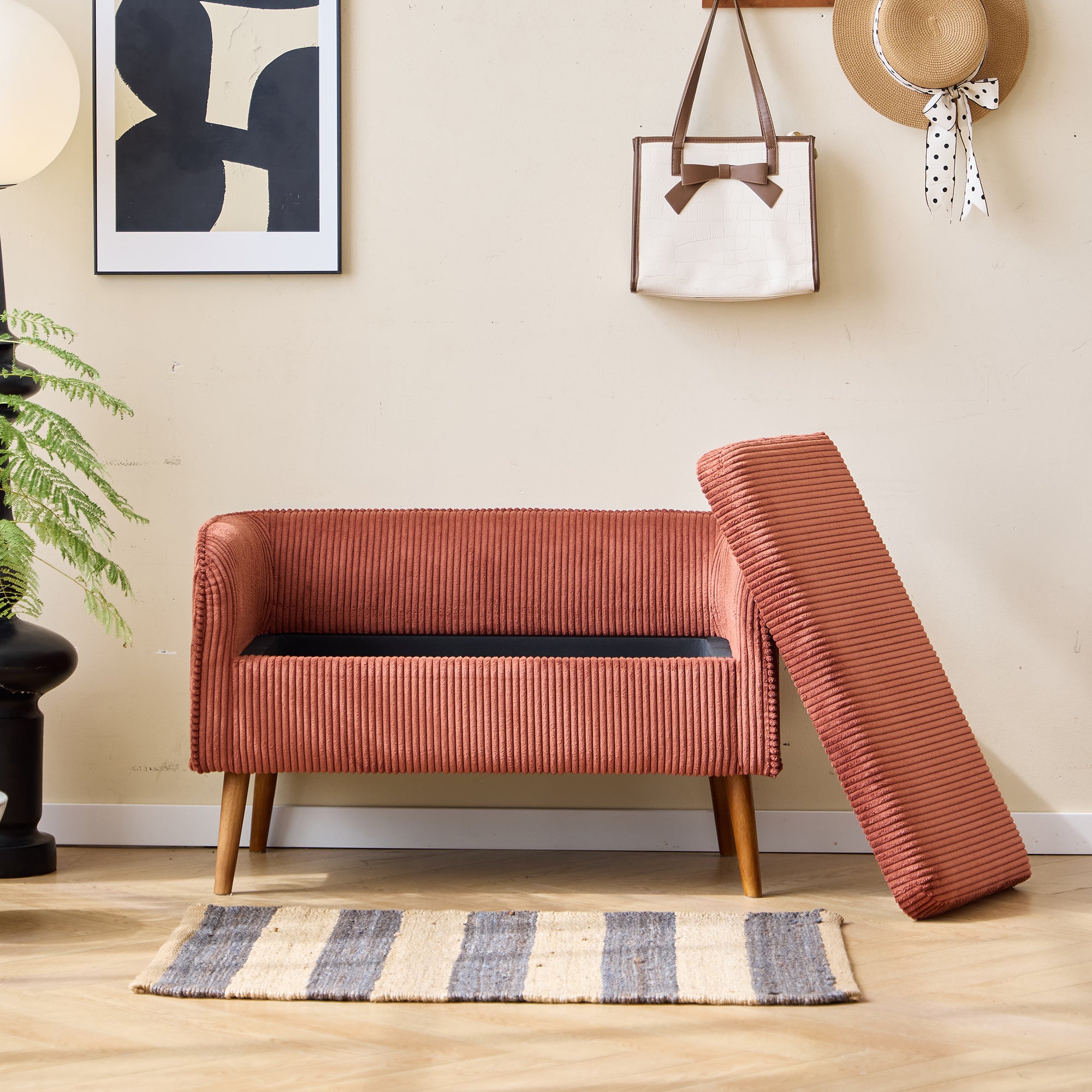 KIRKENES – Ławka z pojemnikiem z drewna i sztruksu w kolorze terakoty