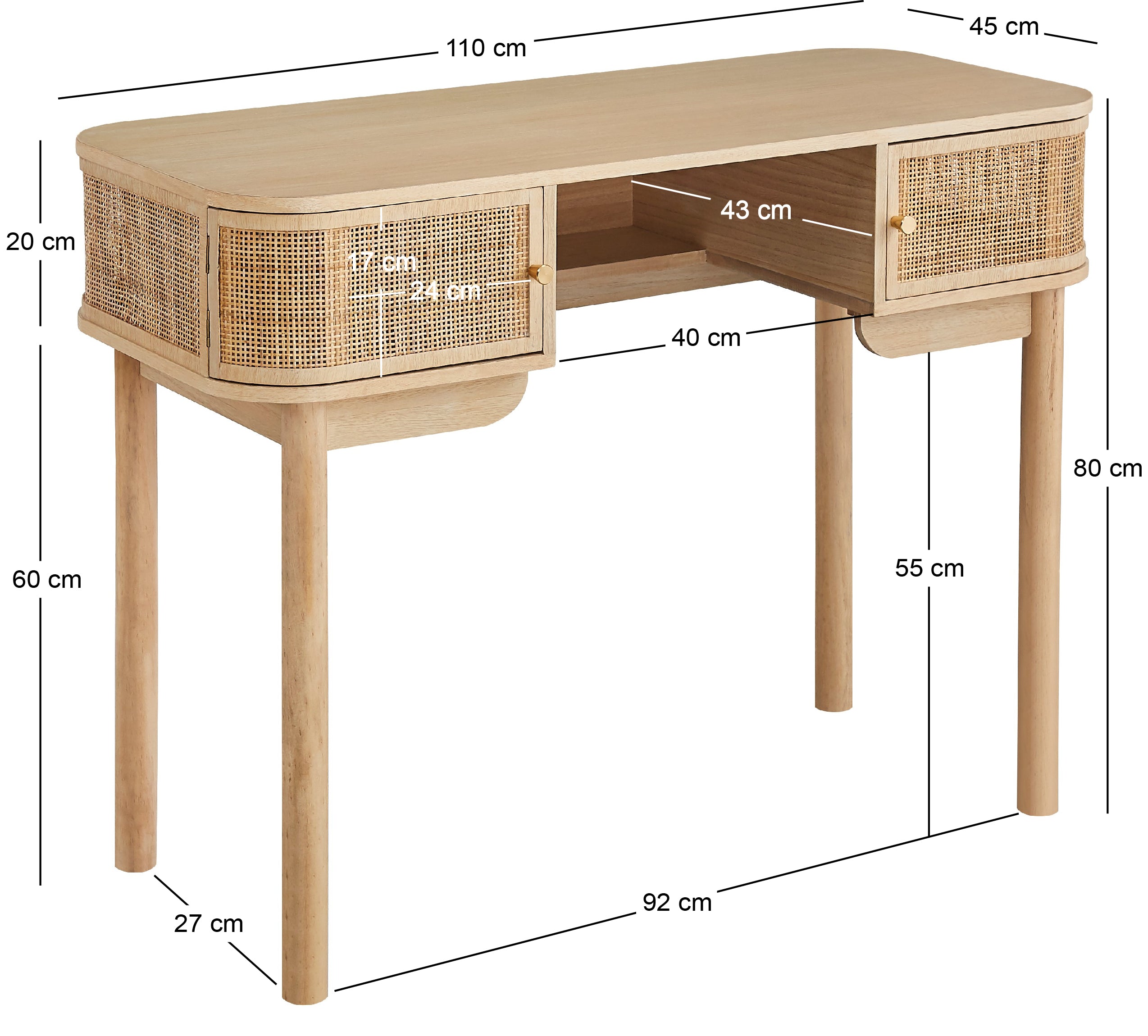 Biurko z 2 drzwiami, wykonane z drewna i rattanu
