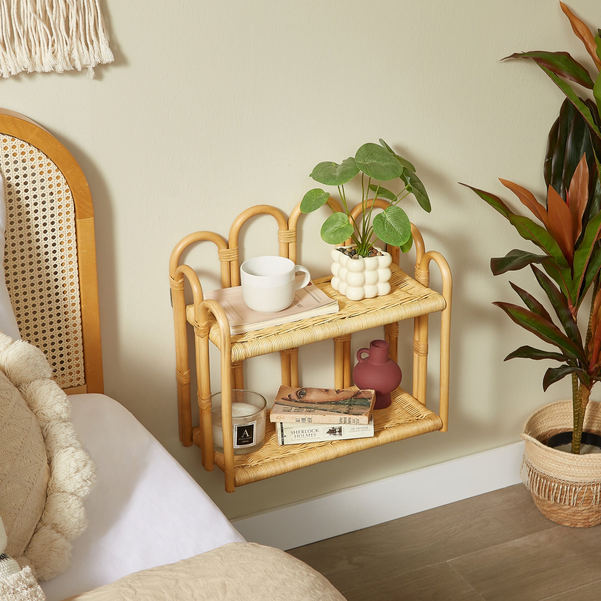 BELEM – Dwupoziomowa półka wisząca na ścianę z naturalnego rattanu