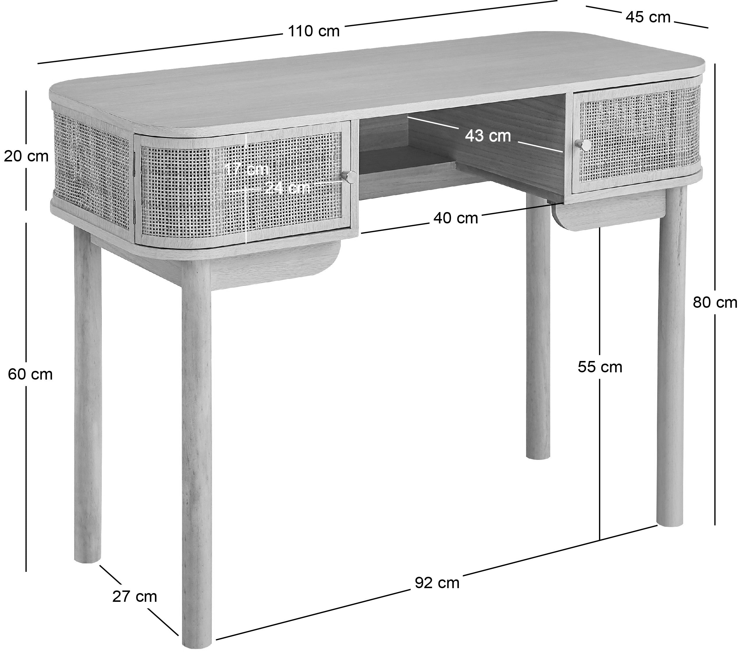 TOYAMA – Biurko z 2 drzwiami, wykończone drewnem orzechowym i plecionką