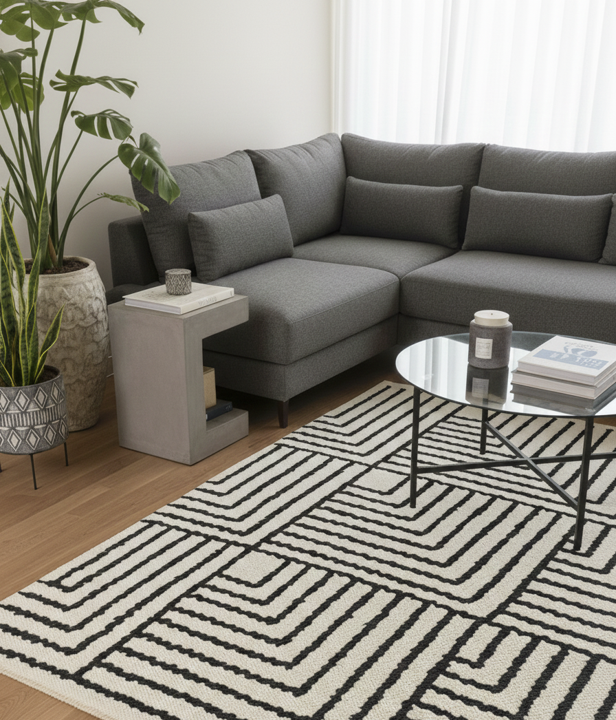 KEVO – prostokątny dywanik bawełniany z beżowymi i czarnymi wzorami, 120 x 180 cm