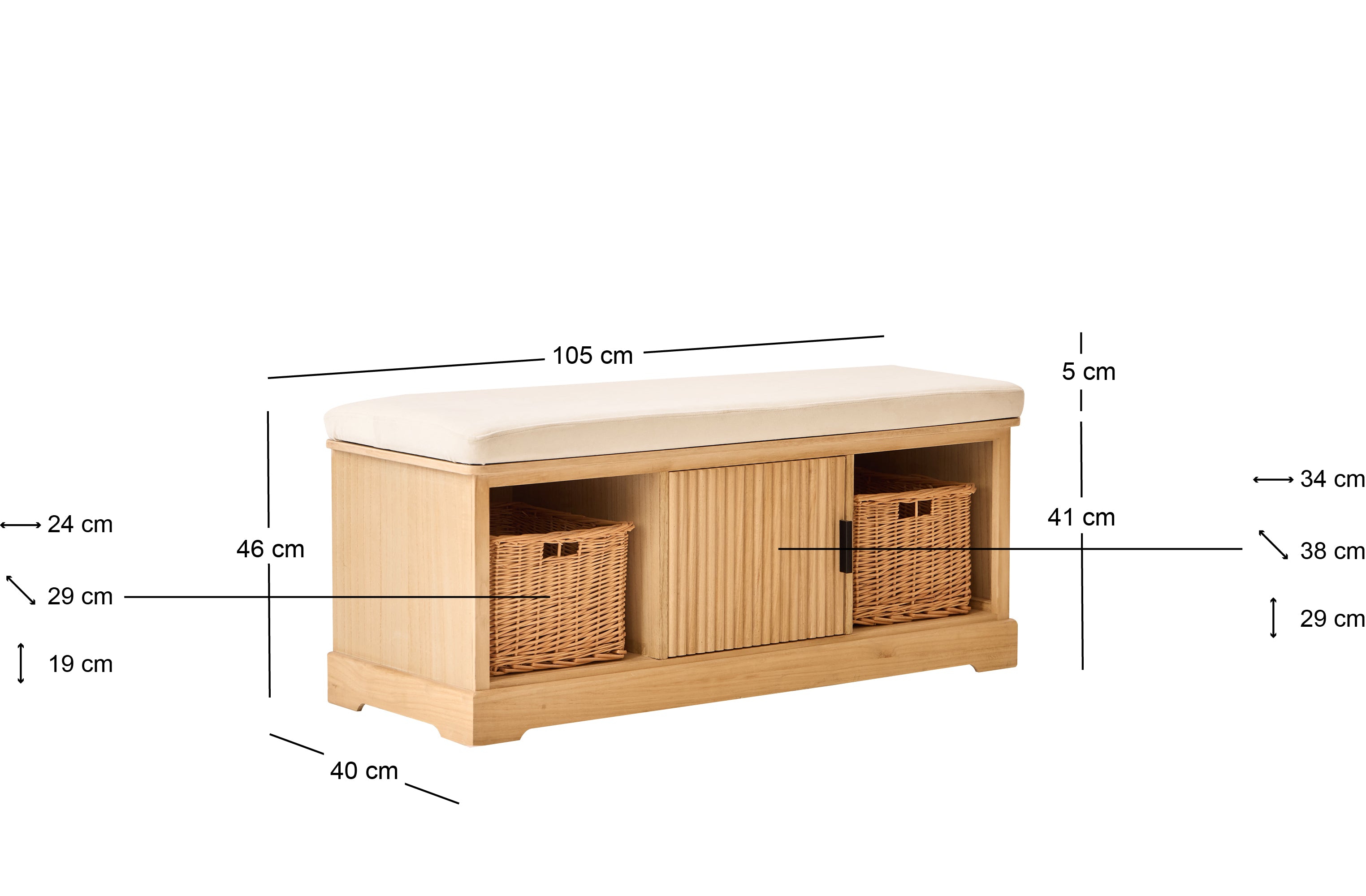 CHIBA – Ławka z pojemnikiem, wykonana z drewna i beżowego aksamitu