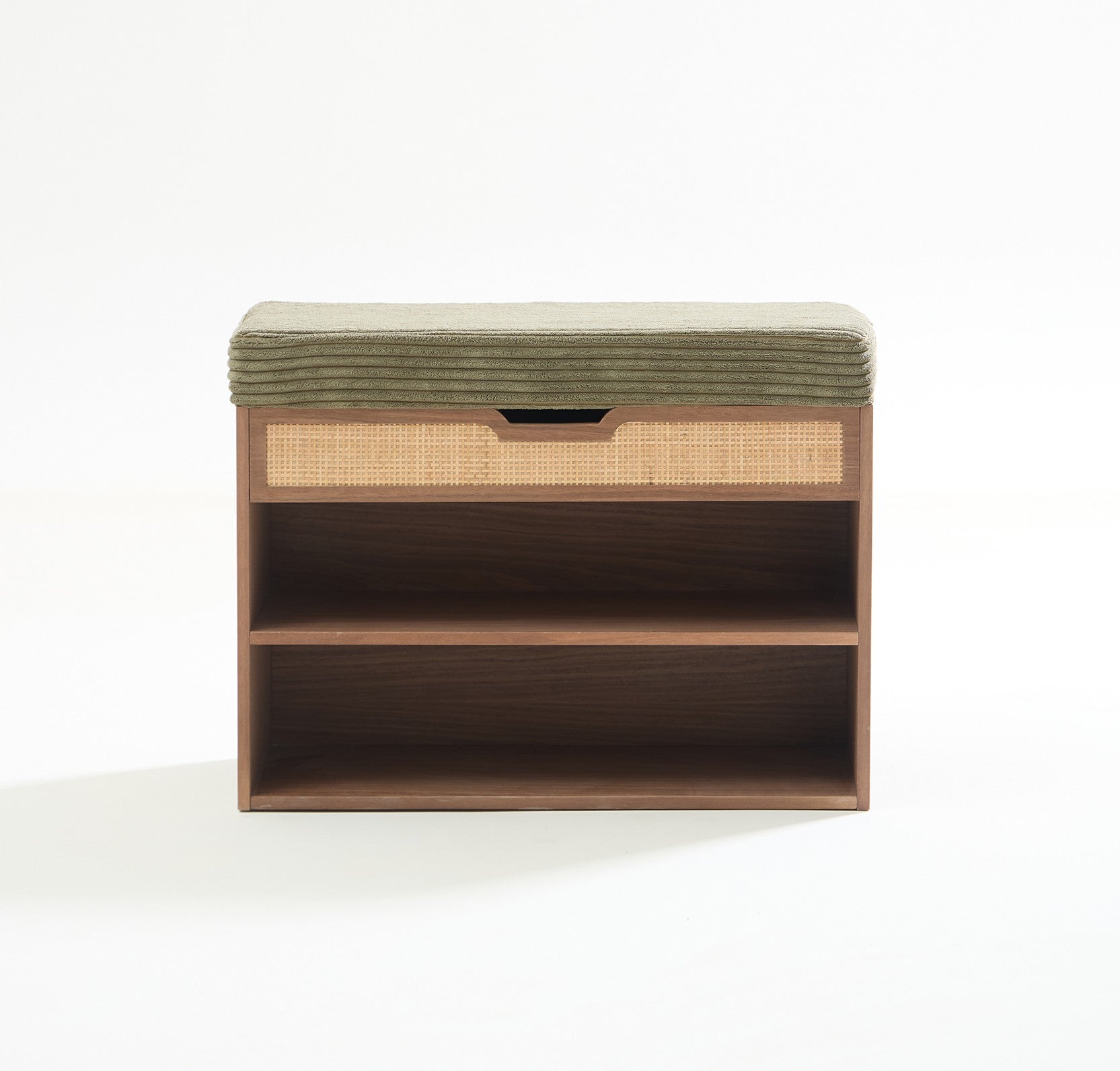 KUBO – Szafka na buty z drewnianym schowkiem i zielonym sztruksem w kolorze khaki